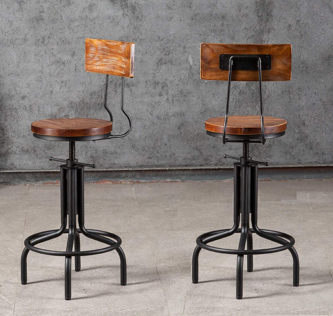 Set of 2 Adjustable Height Industrial Bar Stools - Swivel Farmhouse Kitchen Dining Chairs with Backrest - 19.7 to 25.5 Inch Counter Height - Perfect for Breakfast Bars, Home Kitchens, and Restaurant Seating