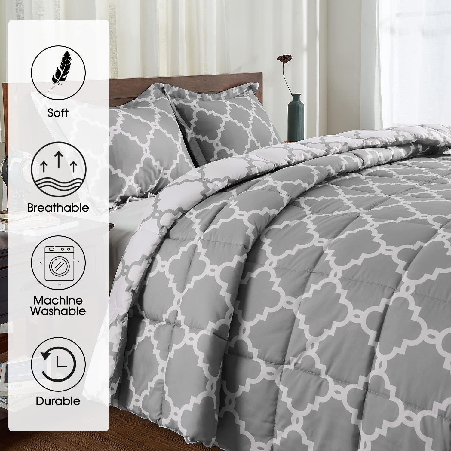 Basic Beyond Twin Comforter Set - Reversible All-Season Grey Comforter with Pillow Sham (66