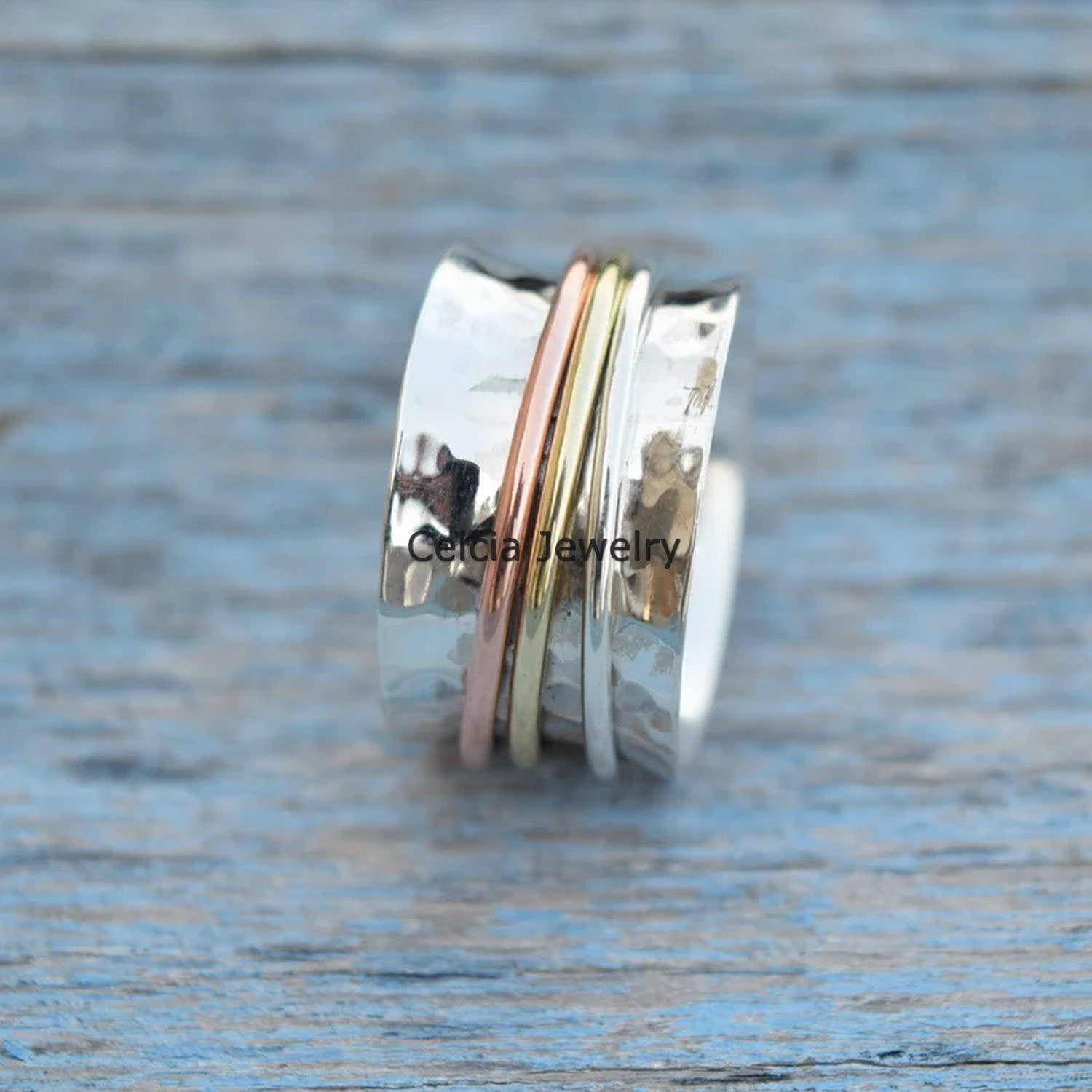 Three Tone Spinner Ring - 925 Sterling Silver Spinning Fidget Ring for Women & Men | Anxiety Relief, Meditation, Stress Relief | Perfect for Thumb Wear, Worry Stone Alternative & Mother's Day Gifts