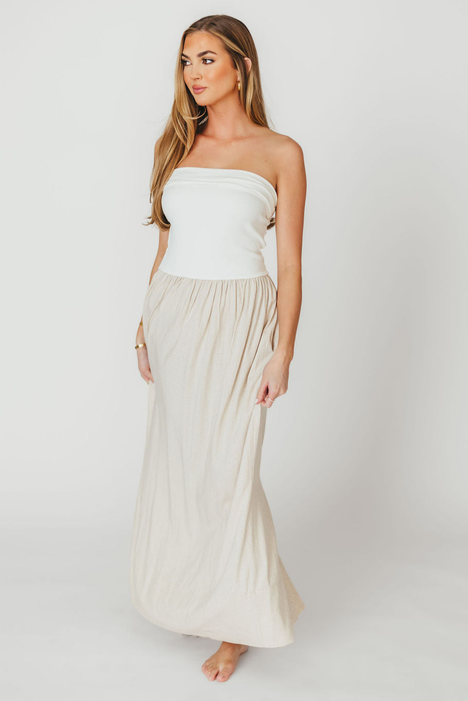 Kaylee Linen & Ribbed Knit Maxi Dress - White/Oatmeal - Elegant Summer Beach Dress for Women, Perfect for Vacations, Weddings & Casual Outings