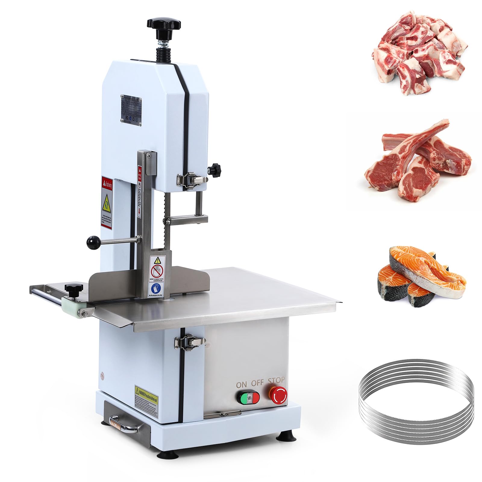 1100W Commercial Electric Meat Bandsaw - Heavy Duty Bone Cutting Machine with 6 Saw Blades (0.39-6.6 Inch Adjustable Thickness) for Beef, Pork, Chicken, Fish & Frozen Meat - Perfect for Butcher Shops, Restaurants & Food Processing (1100W)