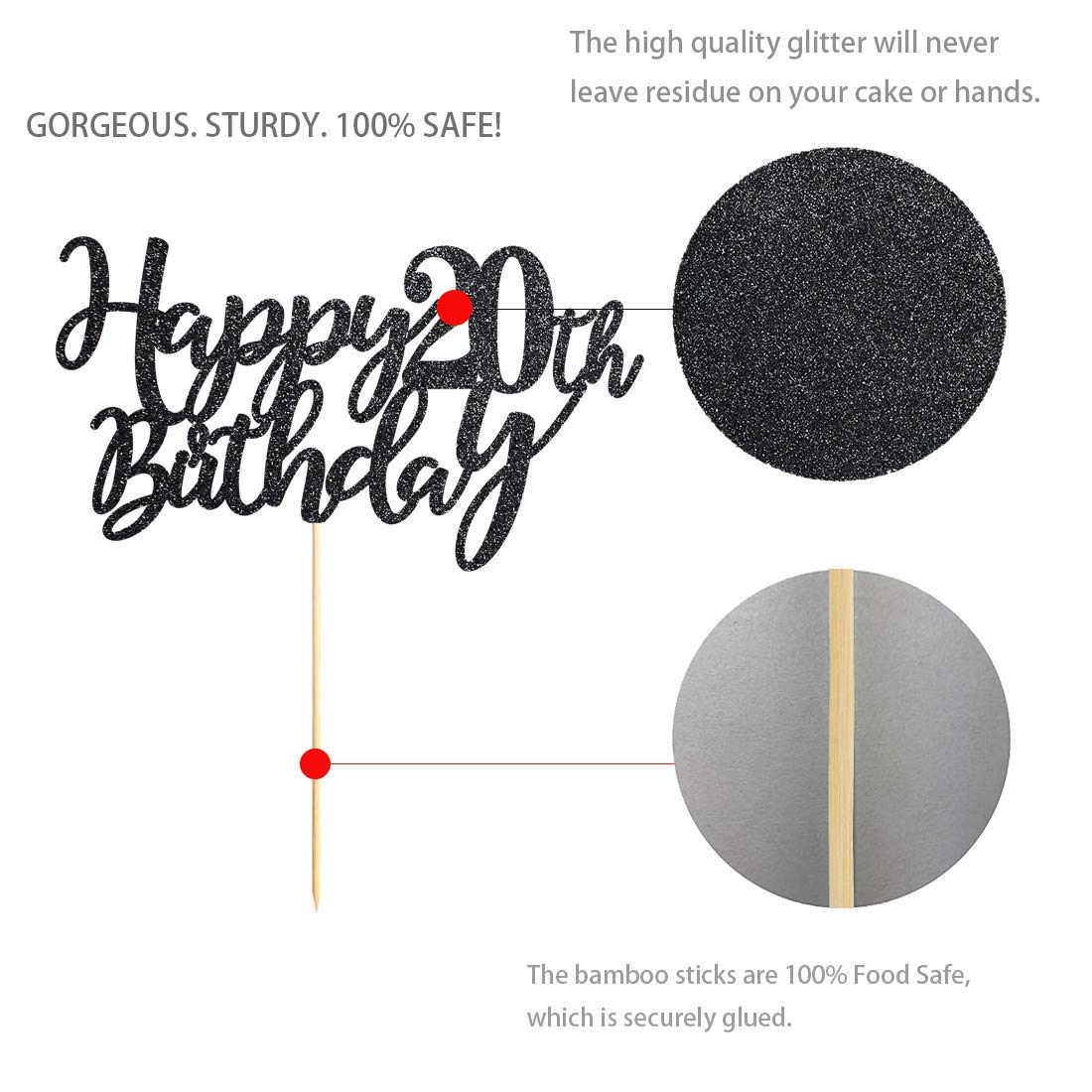 20th Birthday Cake Topper - Black Glitter Happy Birthday Decorations for Party, Wedding & Anniversary Cakes - Perfect for 20 Year Old Celebrations, Milestone Parties & Special Occasions