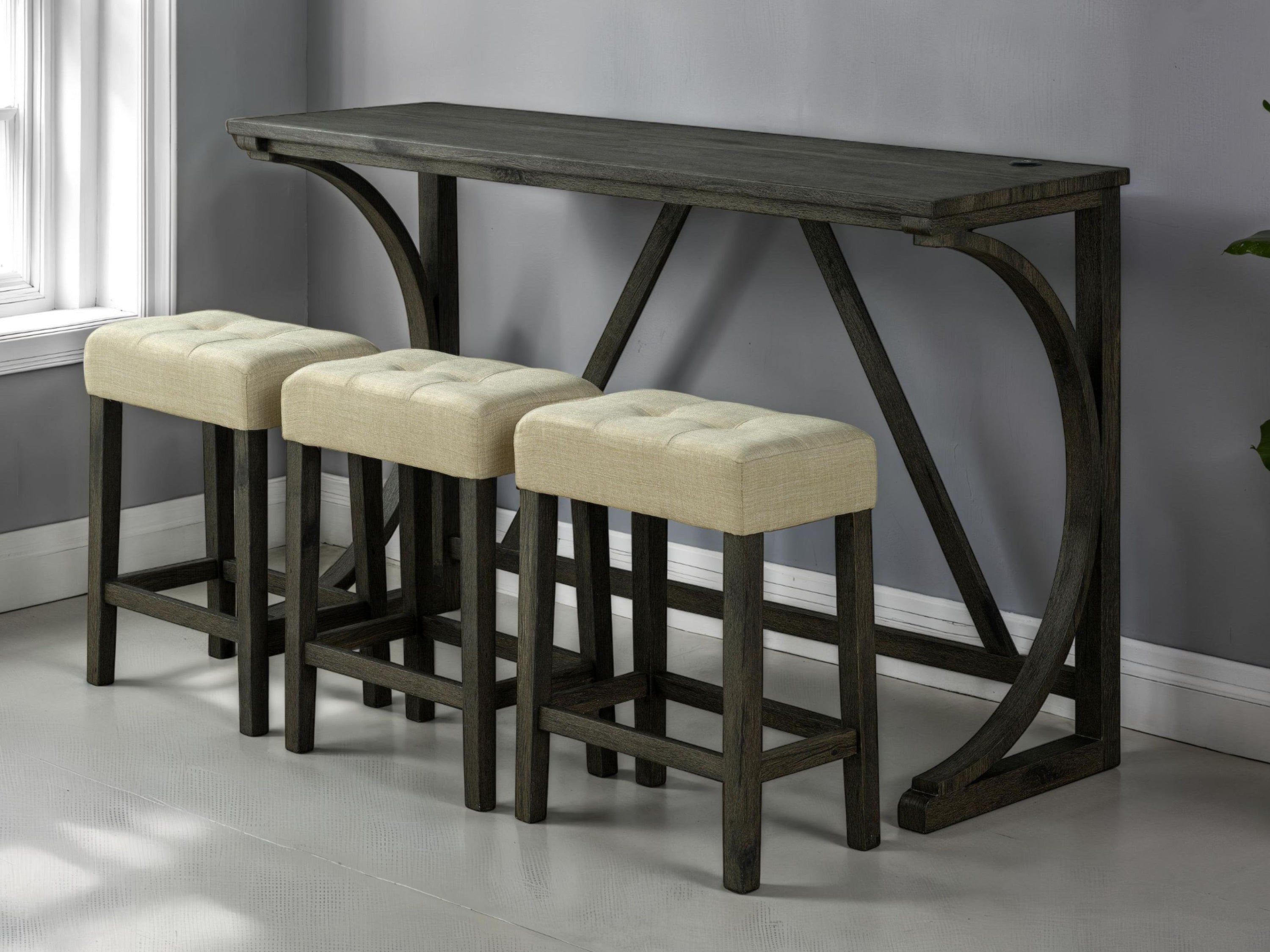 Brown 4-Piece Dining Room Set with USB Charging - Functional Unique Dining Table & 3 Tufted Beige Stool Seats for Kitchen & Small Space Dining | Perfect for Apartments, Breakfast Nooks & Cozy Gatherings