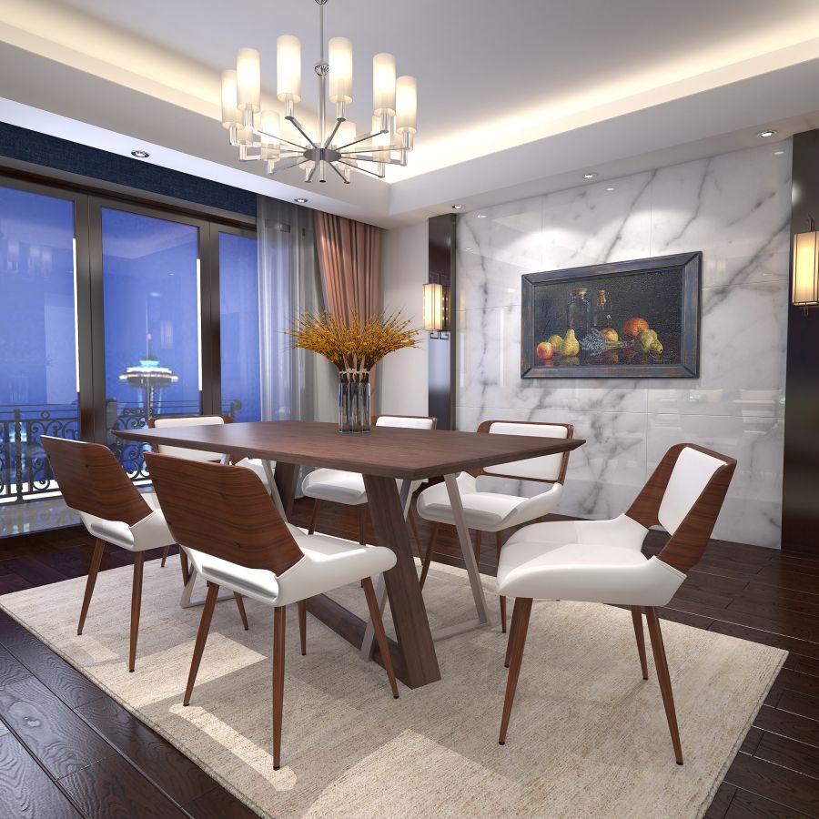 Premium Drake/Hudson 7-Piece Walnut Dining Table Set with White Upholstered Chairs - Modern Kitchen & Dining Room Furniture for Family Gatherings & Dinner Parties