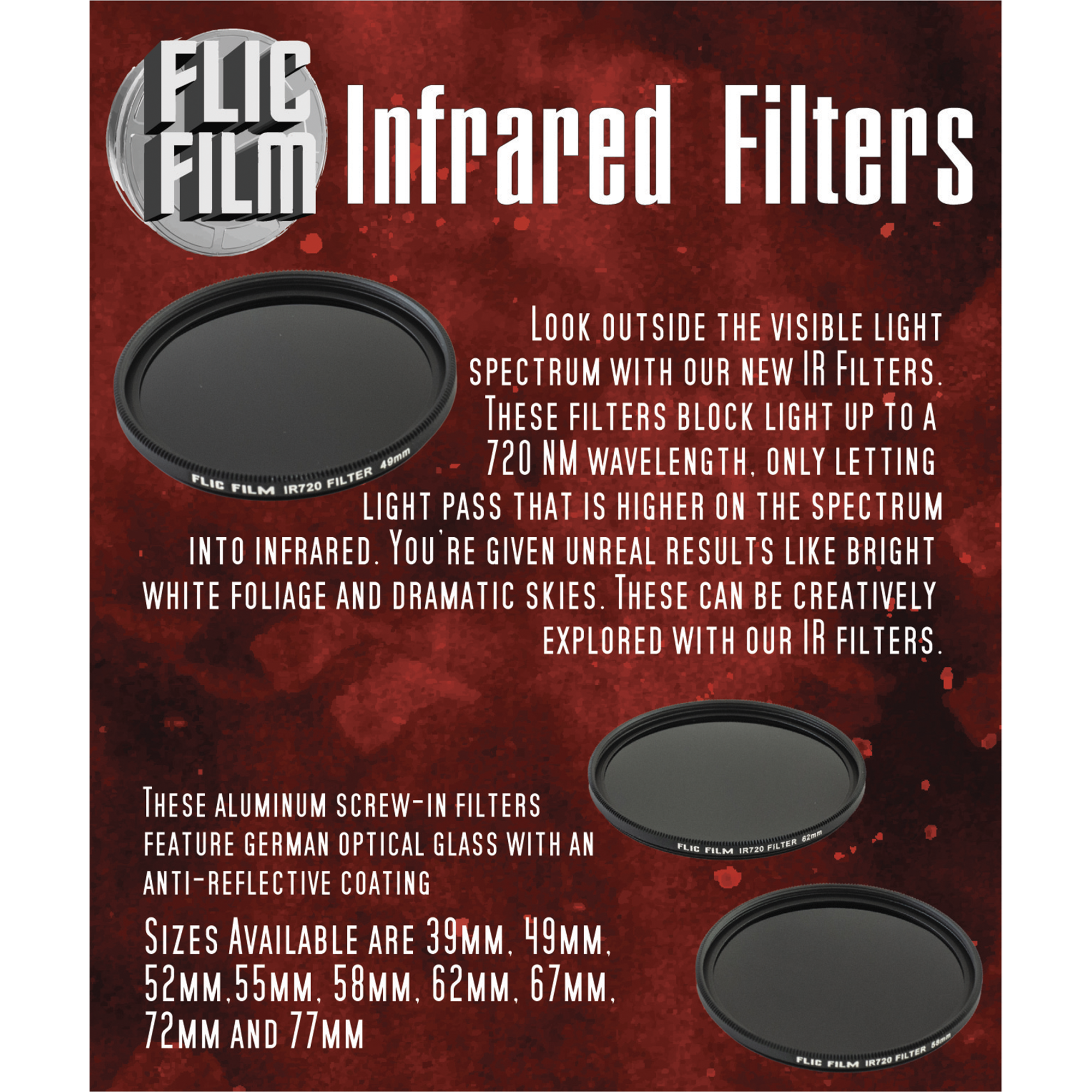 Flic Film 77mm Infrared 720NM Filter - Professional Infrared Photography Lens Filter for DSLR Cameras - Perfect for Landscape, Nature & Creative Photography
