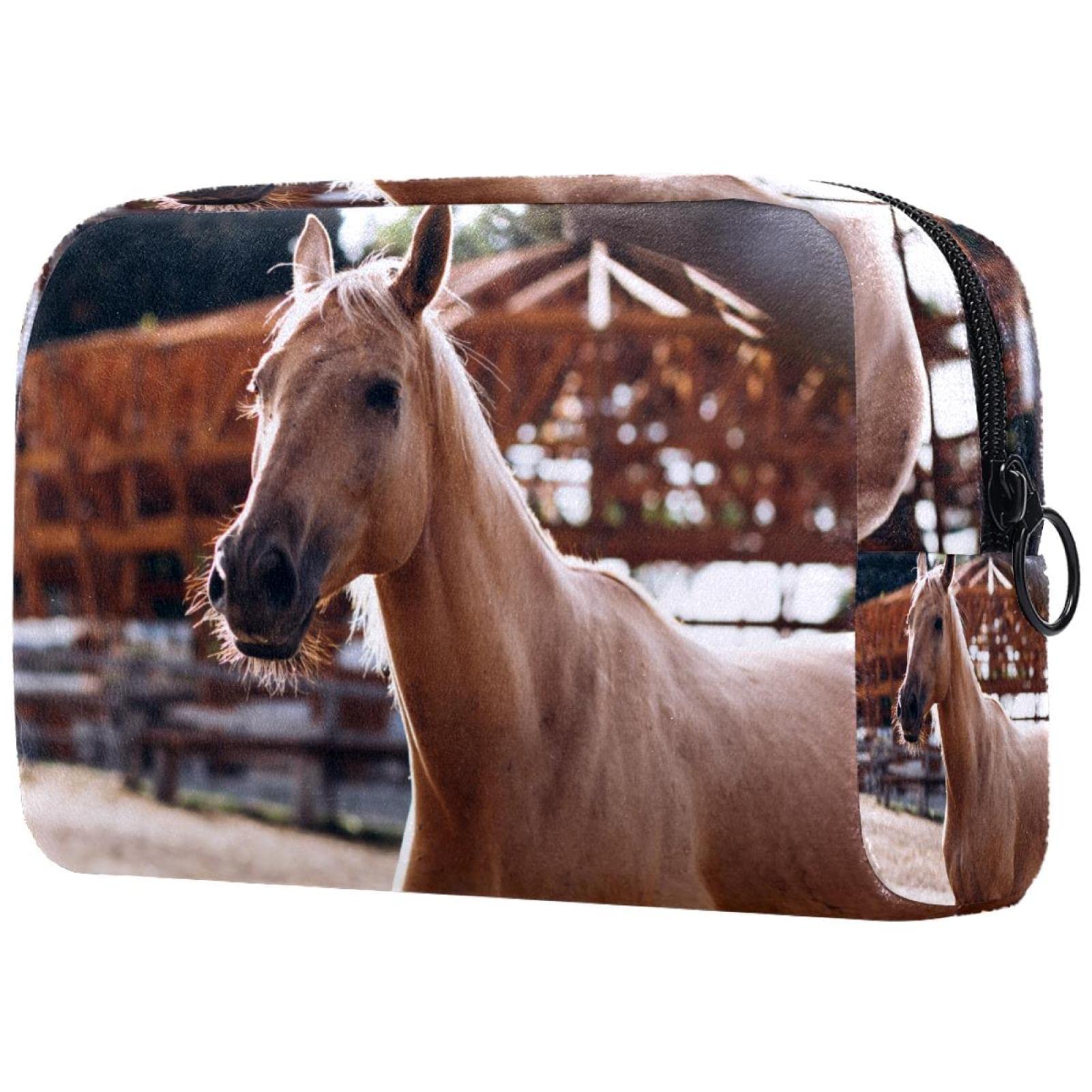Large Brown Horse Print Cosmetic Bag for Women - Portable Travel Makeup Case & Toiletry Organizer with Zipper | Perfect for Ranch Trips, Vacations & Daily Use