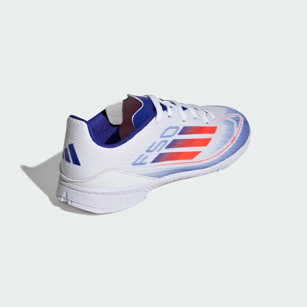 Adidas F50 League Junior Indoor Soccer Shoes for Kids - White/Solar Red/Lucid Blue - Perfect for Indoor Training & Youth Football Games