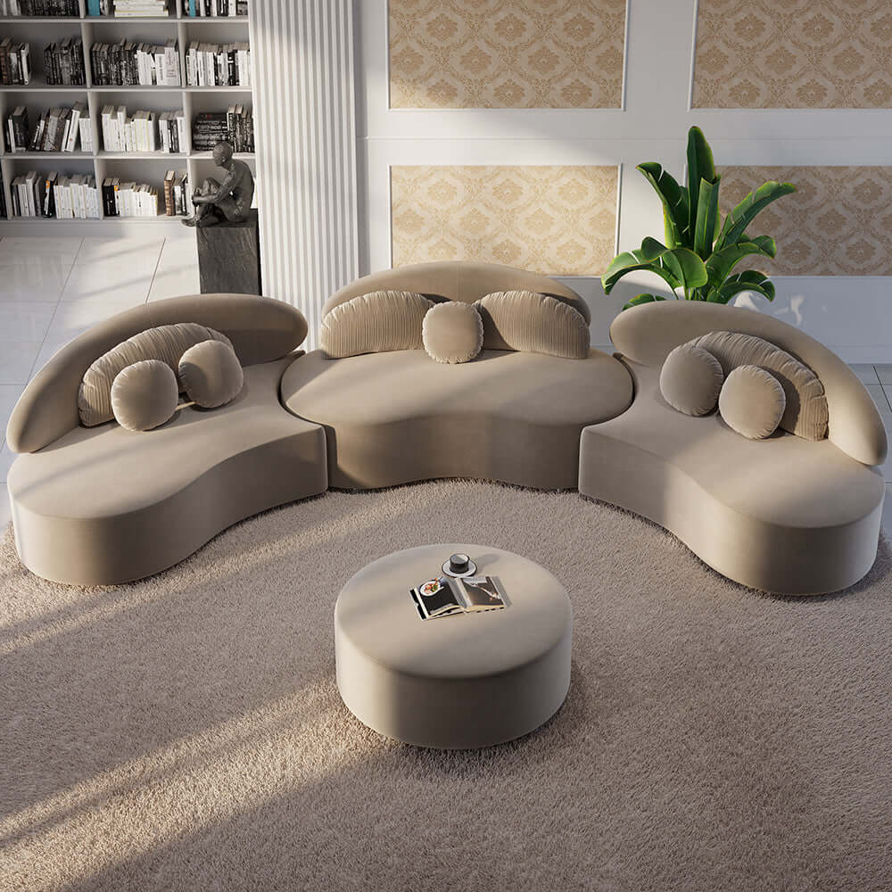 Modern 7-Seat Round Sectional Sofa with Ottoman & Pillows - Beige Velvet Upholstered Living Room Furniture for Family Gatherings and Home Entertainment