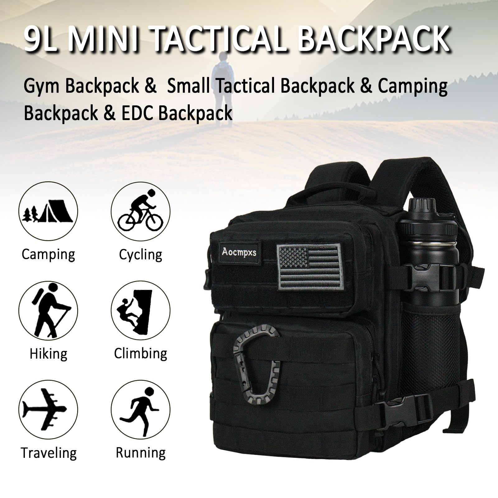 Mini Tactical Backpack 9L - Small Military Molle Pack with US Flag Patch & Carabiner - Lightweight Gym Sports Bag for Men & Women (Black) - Perfect for Hiking, Travel, Workout & Everyday Use