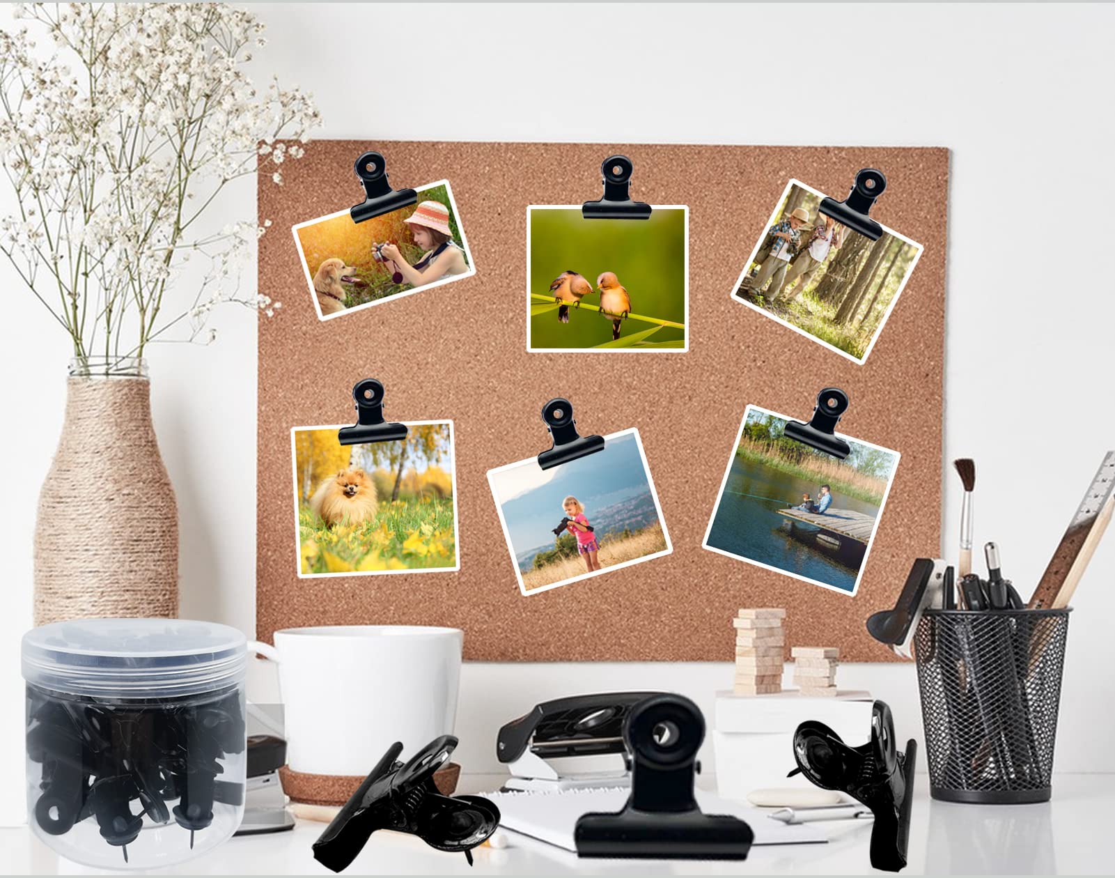 32-Piece Heavy Duty Push Pins with Clips - No-Hole Paper Clips for Cork Boards, Bulletin Boards & Office Use - Bulldog Thumb Tacks for School, Home & Office Organization (31mm, Black) - Perfect for Hanging Photos, Notes & Documents Without Damaging Walls