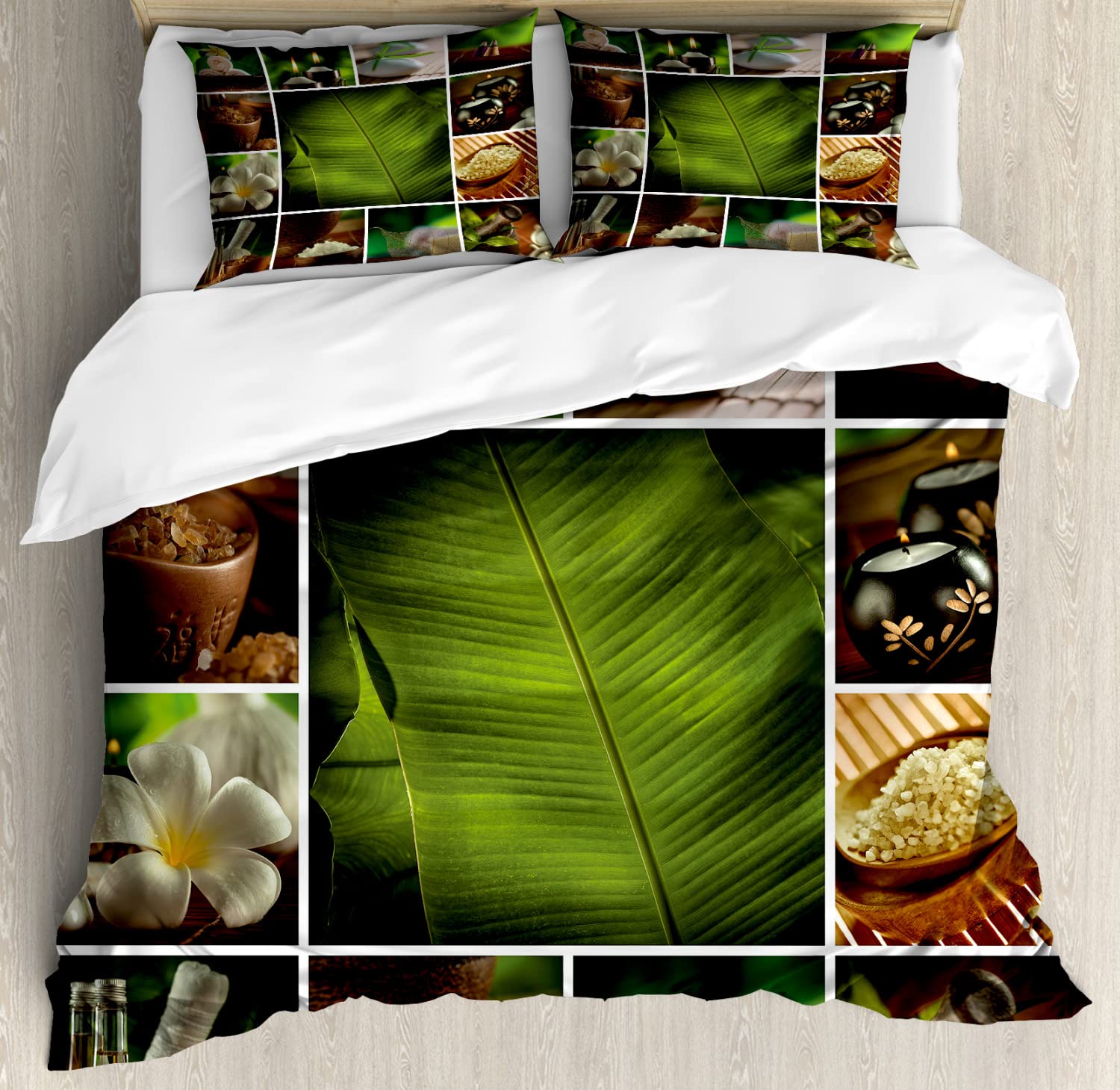 Ambesonne Spa Duvet Cover Set - 2 Pack Twin Size, Botanical Plants & Candle Stones Design, Green White Brown, Includes 2 Duvet Covers & 2 Pillowcases | Relaxing Bedroom Decor for Aromatherapy & Spa Nights