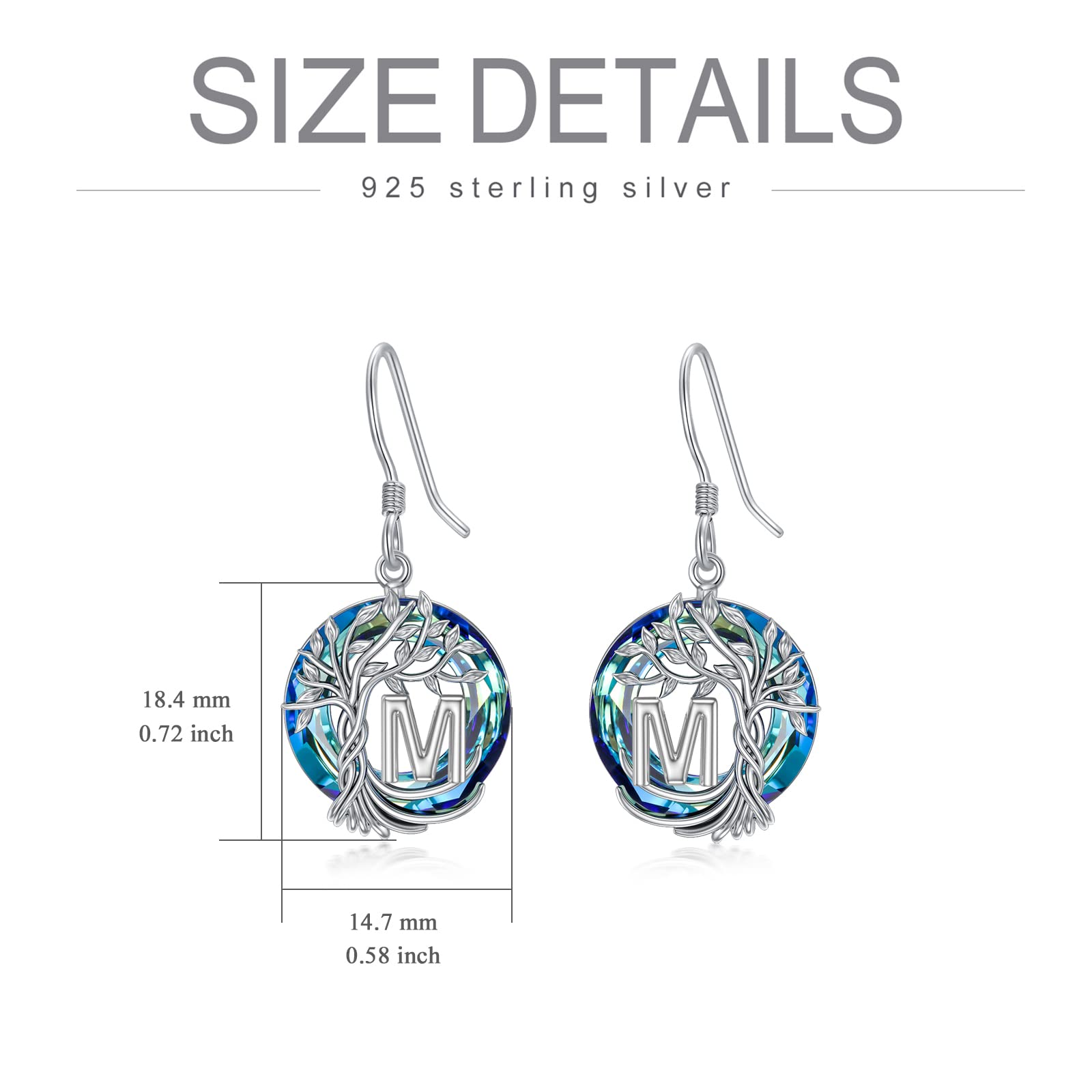 TOUPOP 925 Sterling Silver Tree of Life Initial Earrings - A-Z Letter Drop Dangle Earrings with Blue Circle Crystal for Women | Valentine's Day, Anniversary & Birthday Gift for Her, Girlfriend, Mom | Perfect for Date Night, Wedding & Special Occasions