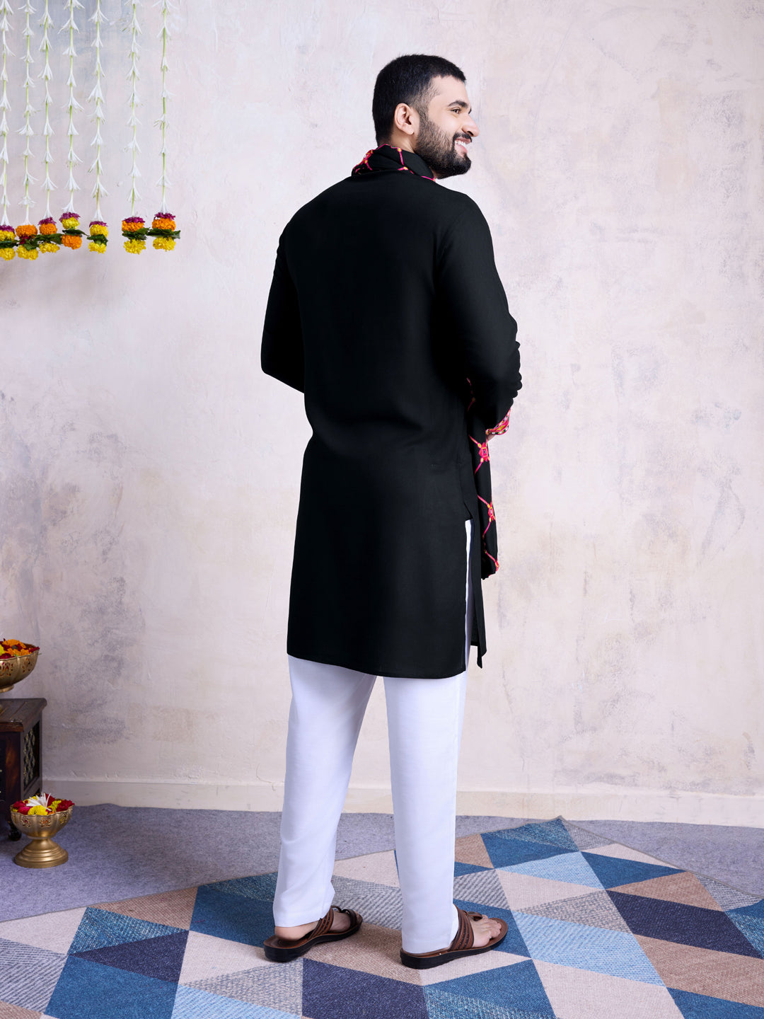 Black Men's Ready-Made Kurta with Dupatta - Mirror Embroidery Work for Weddings, Festivals & Special Occasions