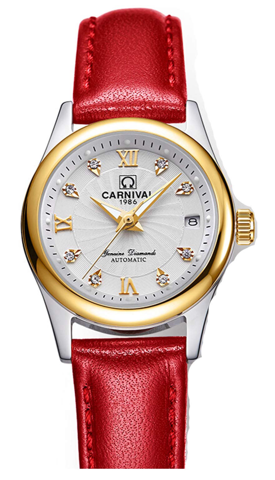 Luxury Women's Automatic Mechanical Watch with Luminous Calendar, Diamond Accents & Waterproof Leather Strap (Red/White) - Perfect for Business, Parties & Everyday Wear