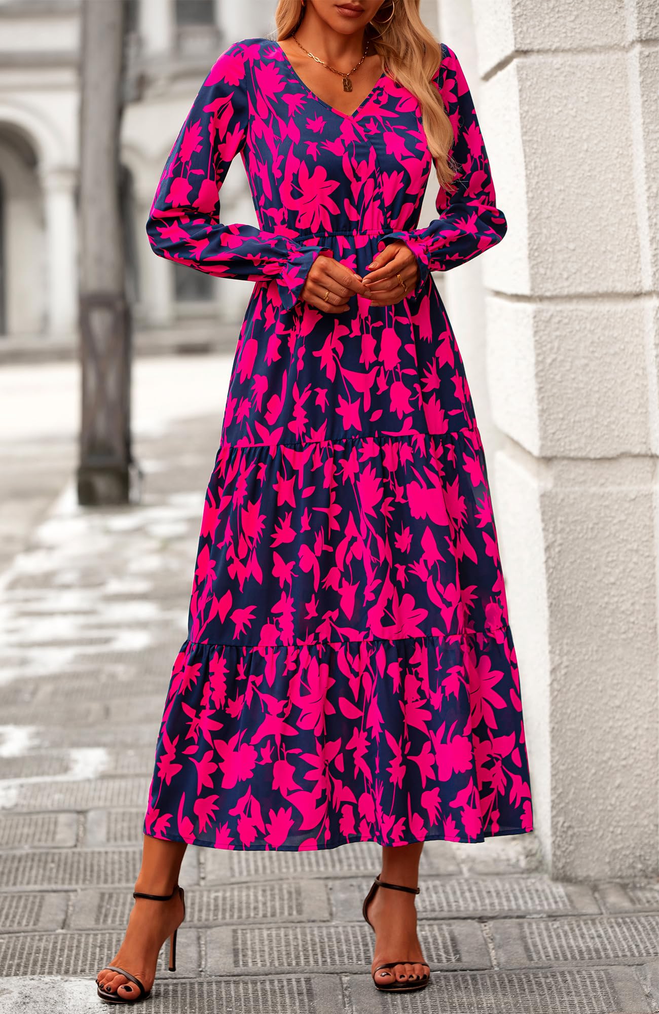 BTFBM Women's Floral Boho Maxi Dress 2025 - Long Sleeve V-Neck Casual Spring Dress for Wedding Guest, Beach, Party & Everyday Wear