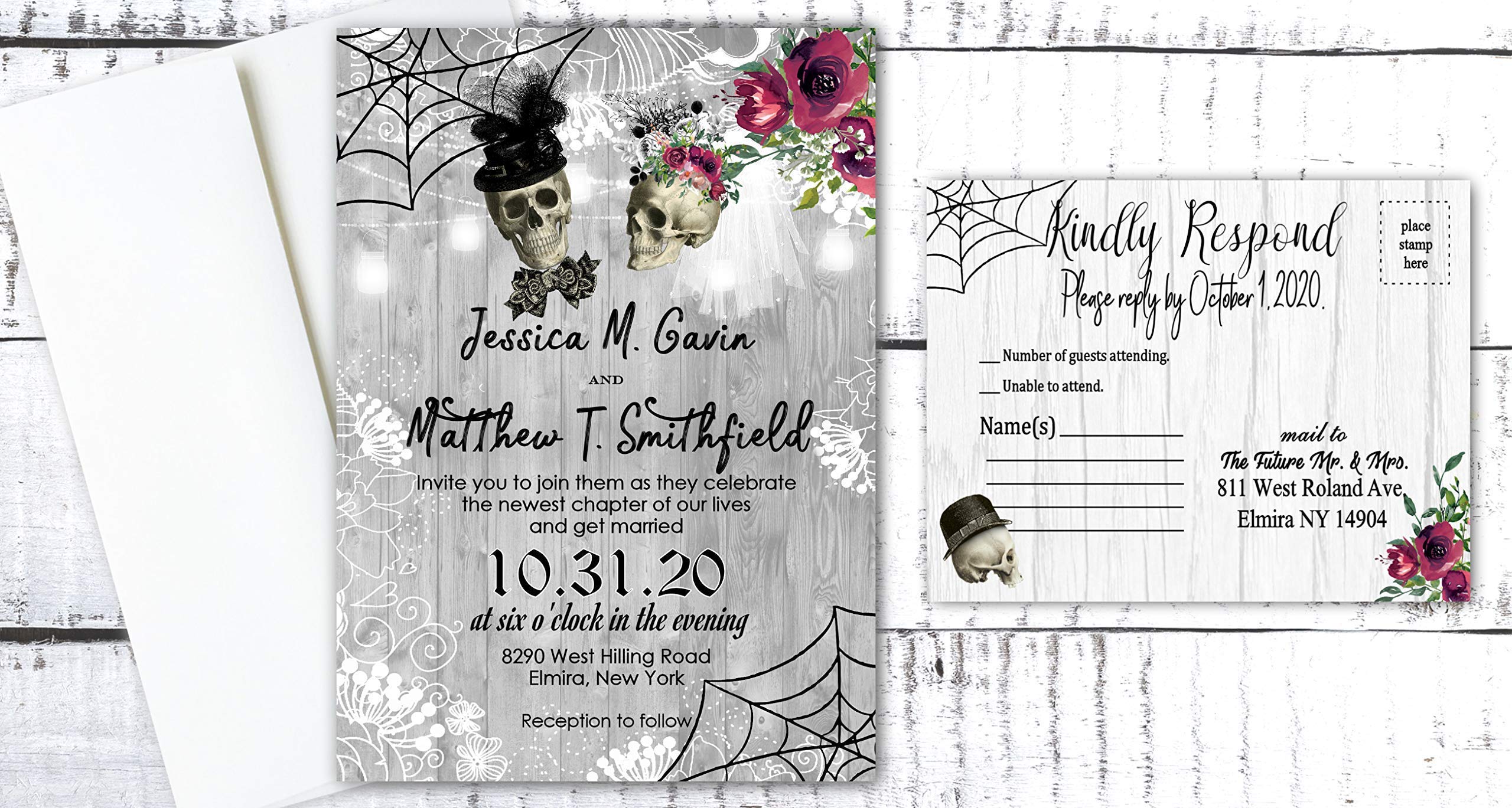Elegant Skull Wedding Invitations Set of 50 - Gothic Halloween Party Cards for Dark Romance Theme Weddings & Spooky Celebrations
