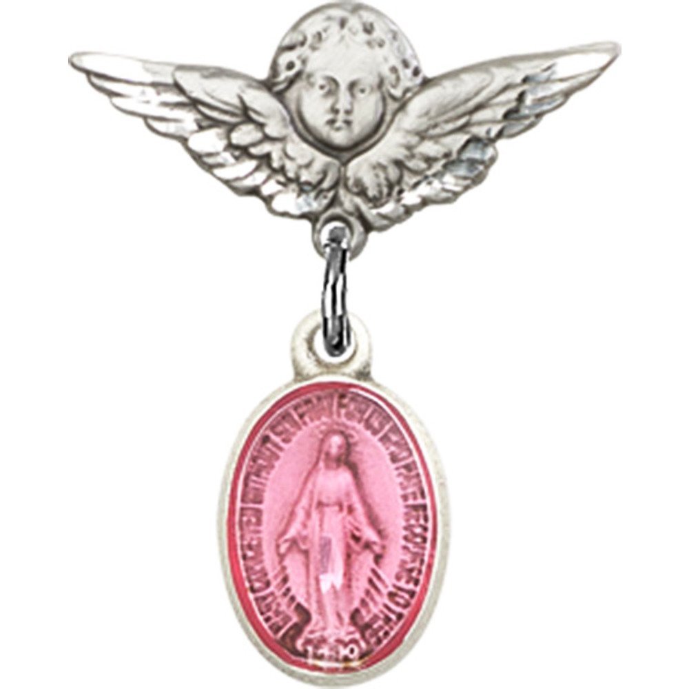 Sterling Silver Baby Badge with Pink Miraculous Charm & Angel Wing Pin - 7/8