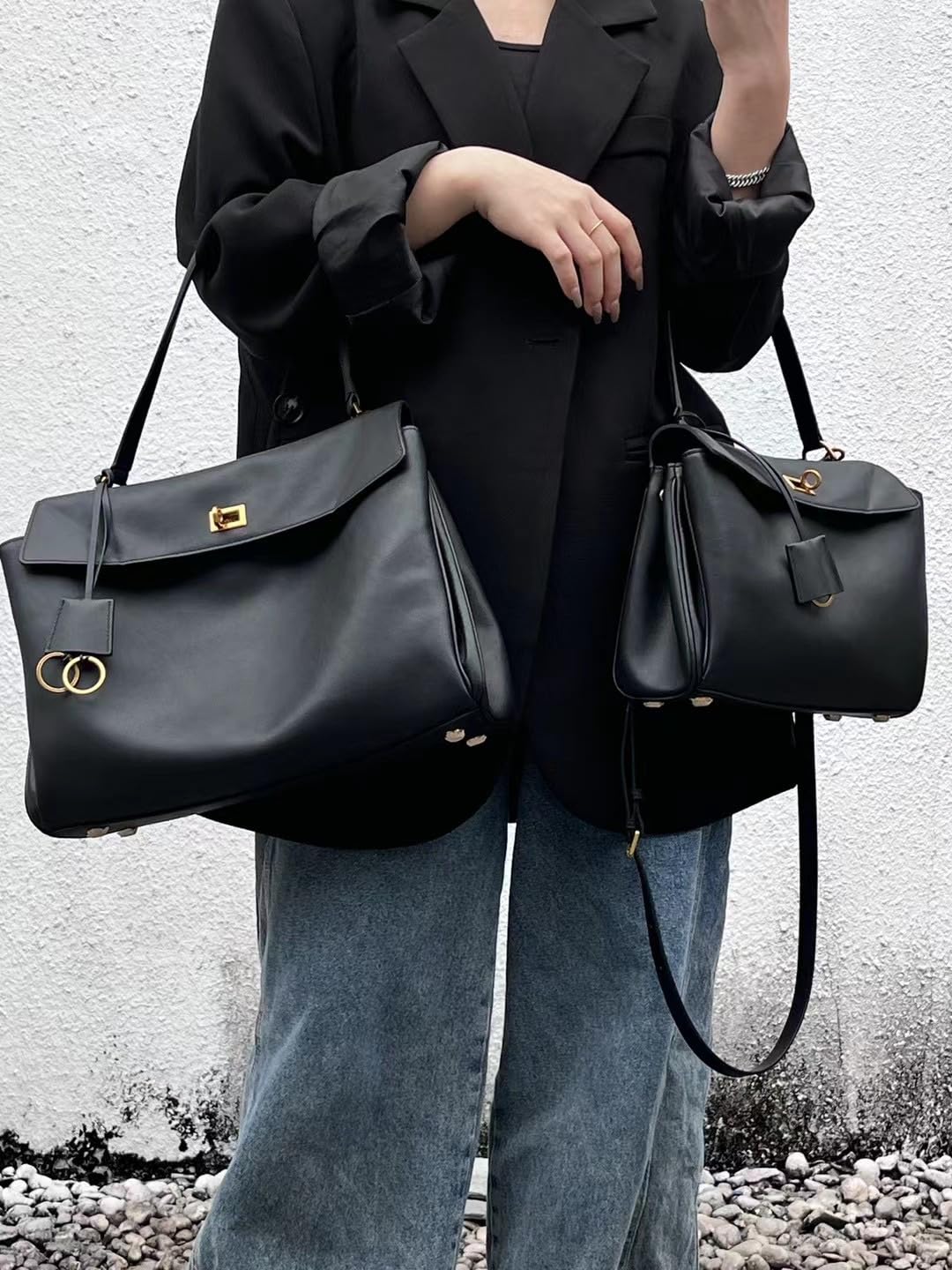 2024 New Women's Genuine Leather Black Tote Bag - Large Capacity 2-in-1 Shoulder & Crossbody Handbag for Work, Travel & Everyday Use