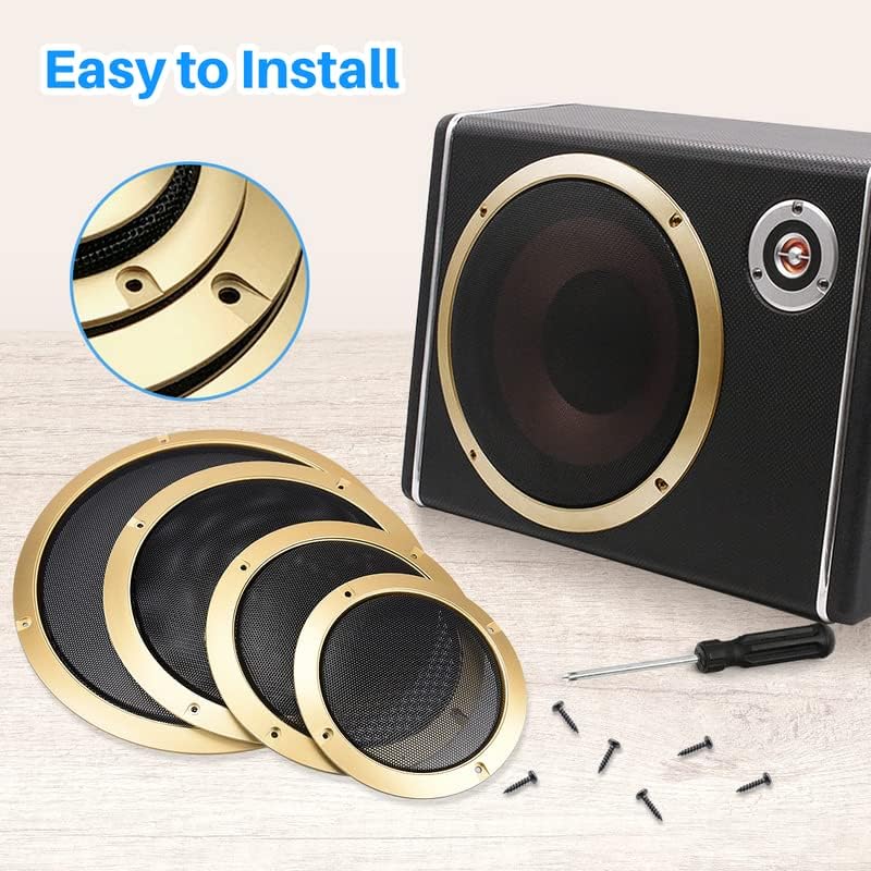 Kalevel 2 Pack 6.5 Inch Gold Metal Speaker Grill Covers for Car Subwoofer - Protective Mesh Grills with Mounting Screws | Perfect for Car Audio Systems, Home Theater Speakers & DIY Speaker Projects