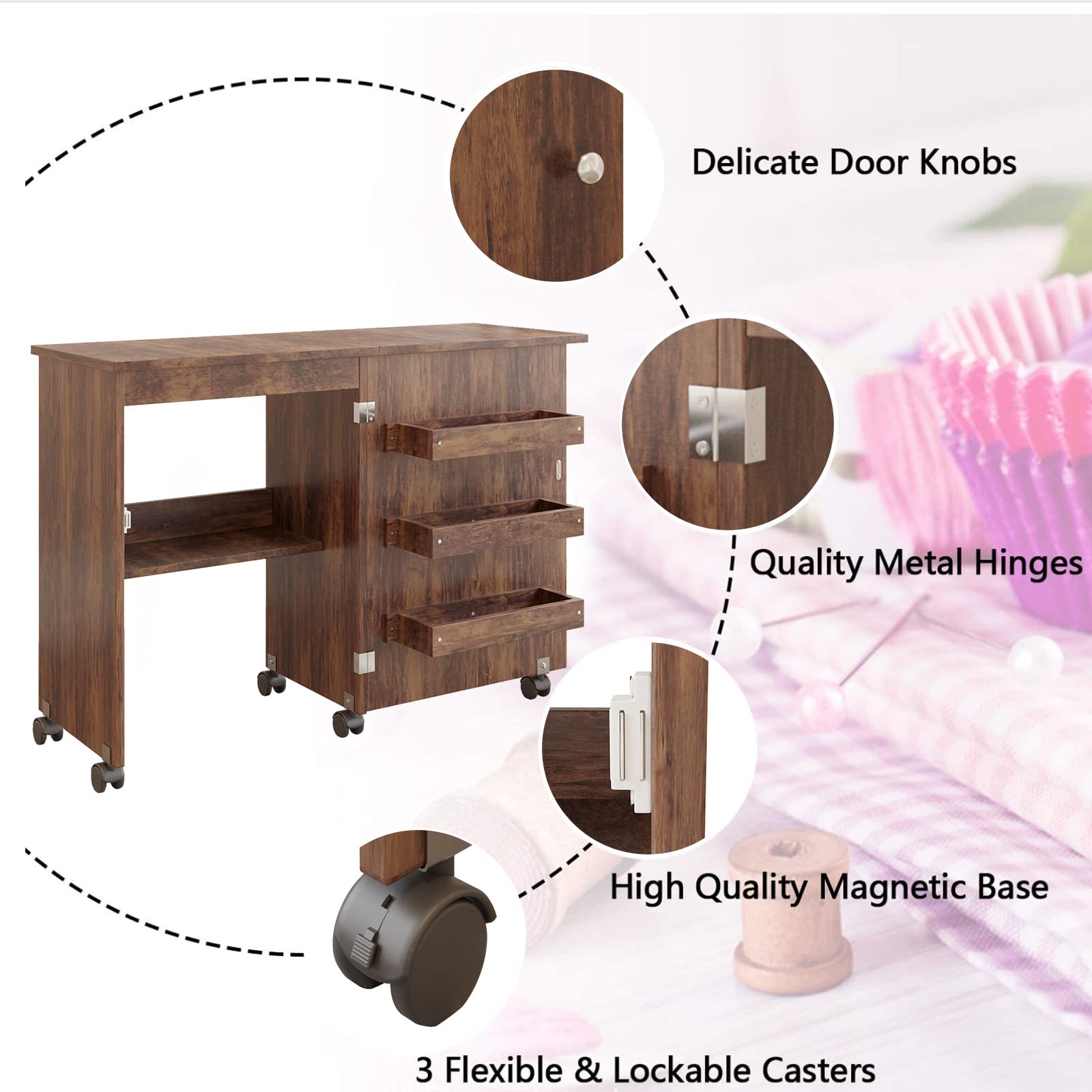 Usinso Folding Sewing Table with Storage Shelves - Multifunctional Rolling Sewing Machine Cart & Craft Cabinet, Portable Lockable Caster Desk for Sewing, Crafting & Computer Work (Rustic Brown) | Perfect for Home Studios, DIY Projects & Small Space Organization