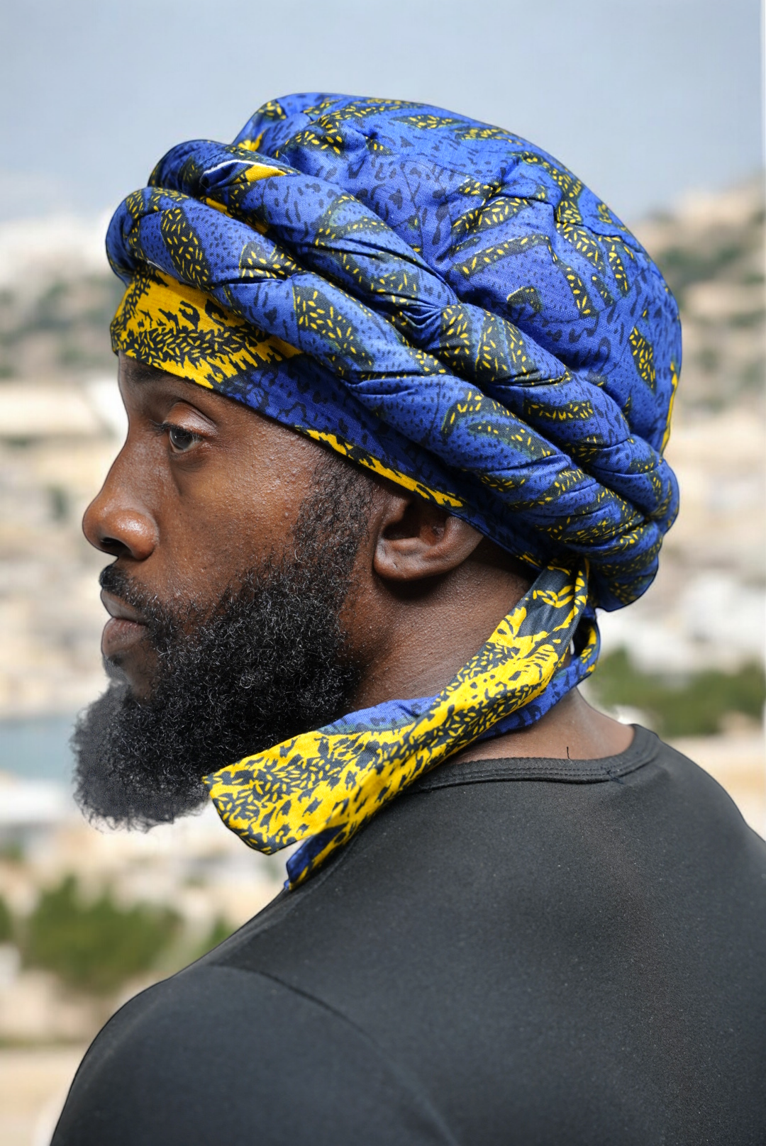 Dupsie's Ojumo Blue and Gold Sunburst African Print Pre-Wrapped Turban for Men - DPH4071PT - Perfect for Cultural Events, Weddings & Everyday Fashion