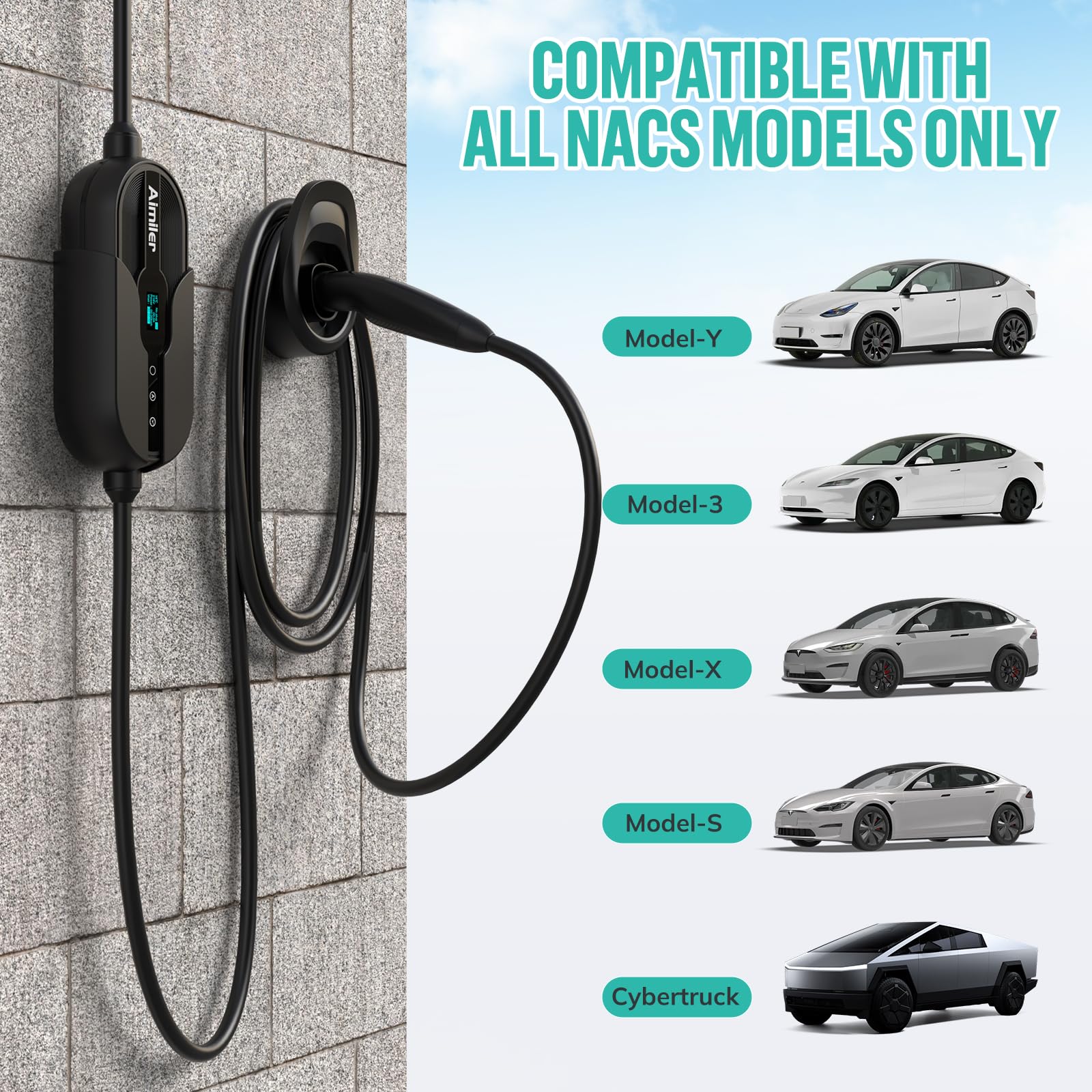Tesla Level 2 EV Charger with WiFi & App Control - 240V 32A NEMA 14-50 Plug - 25ft Cable - Portable Home NACS Connector for Tesla Model X/Y/3/S - Fast Charging for Road Trips & Daily Commutes