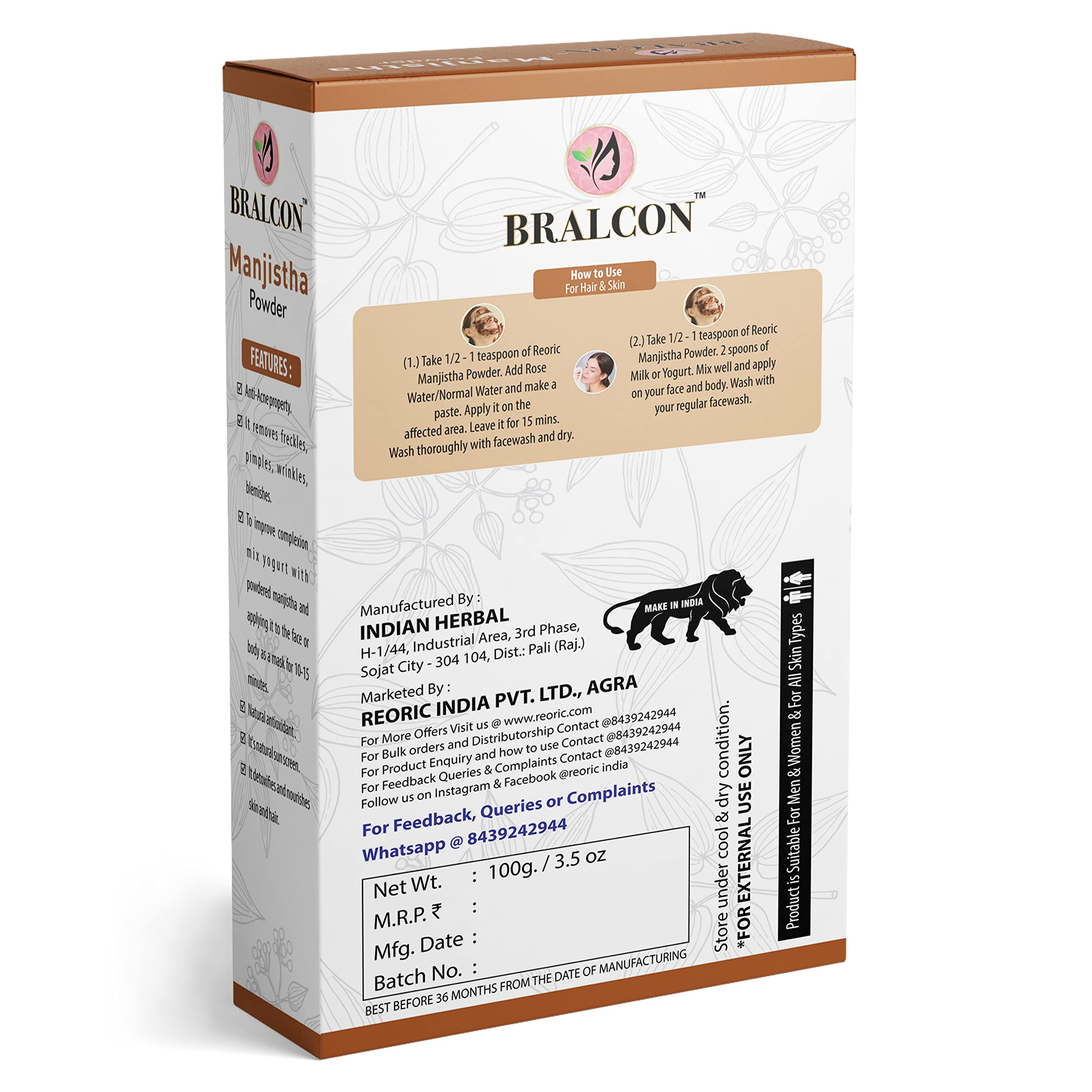 BRALCON Organic Manjistha Powder - 100g | 100% Pure Natural Rubia Cordifolia Root Powder | Ayurvedic Herbal Supplement for Glowing Skin, Hair Growth & Detox | Face Mask, Hair Care & Skin Treatment | Perfect for DIY Beauty Recipes & Holistic Wellness | Use for Homemade Face Masks, Hair Rinses & Natural Skincare Routines