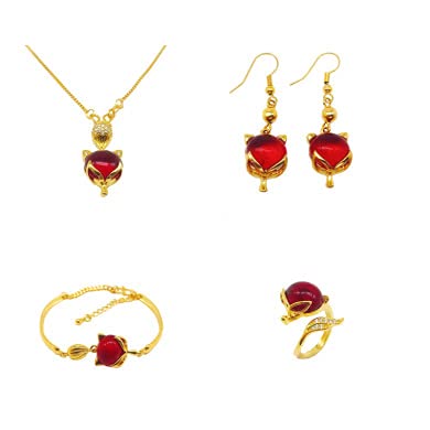 Ethlyn Cute Classic Animal Gold Color Necklace Drop Earrings Set for Women - Red Rhinestone Fox Head Jewelry Sets in Red and Gold | Perfect for Parties, Date Nights, and Special Occasions