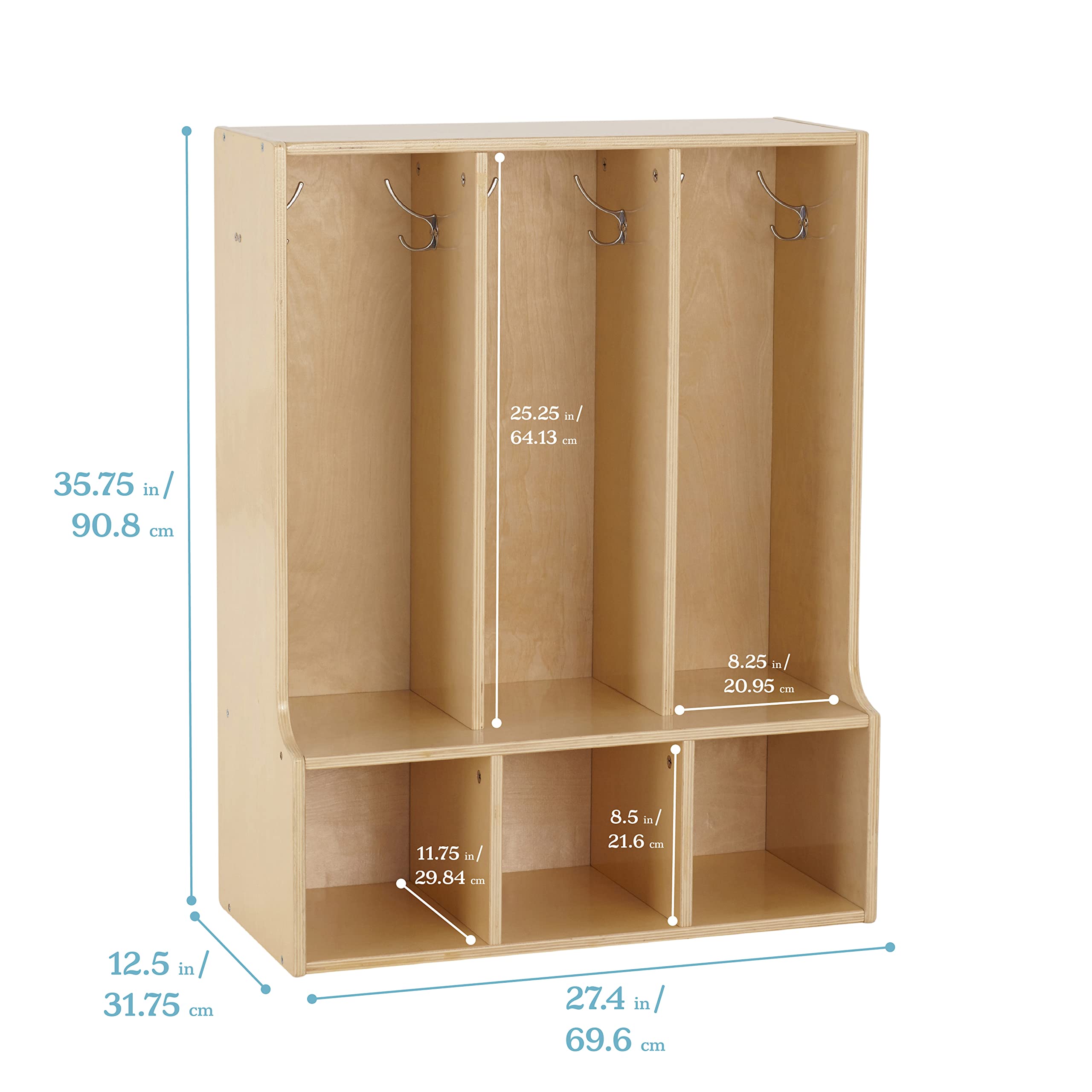 ECR4Kids 3-Section Toddler Coat Locker with Bench - Natural Wood Kids Storage Furniture for Daycare, Preschool & Home Entryway Organization