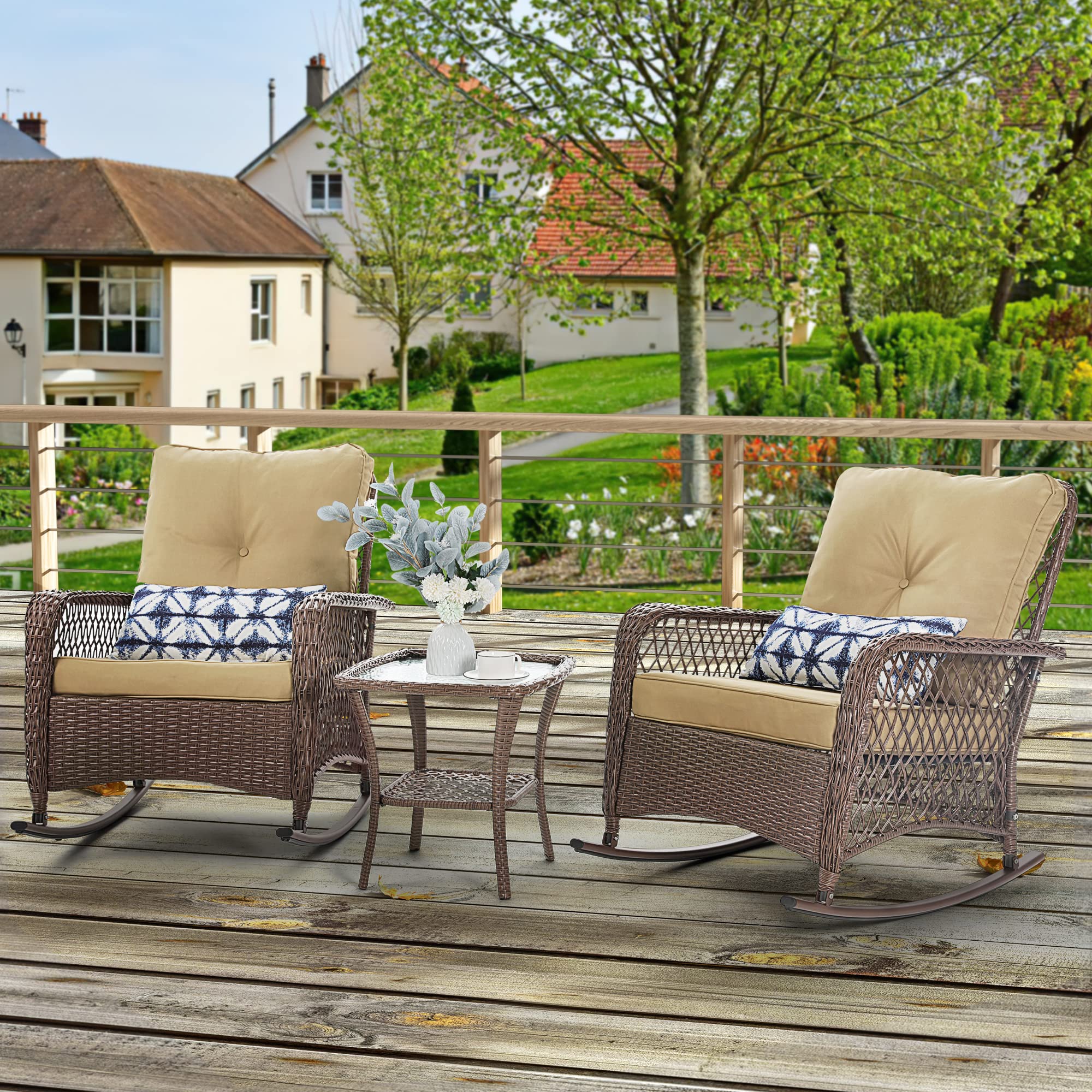 UDPATIO 3-Piece Wicker Patio Rocking Chair Set with Thick Cushions - 2 Outdoor Rockers & Side Table - Brown/Khaki - Perfect for Backyard, Porch, Balcony, Poolside Relaxation & Entertaining