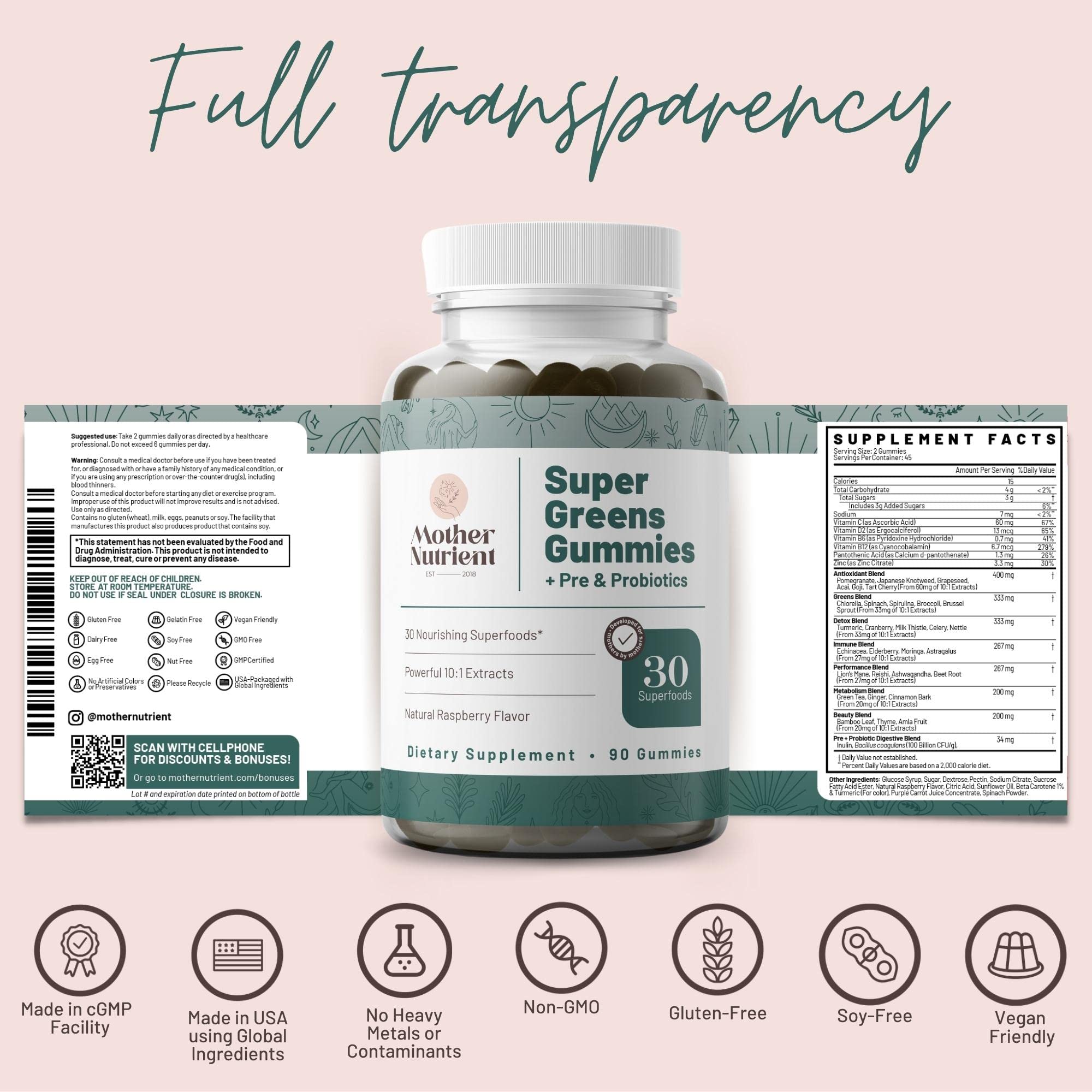 Super Greens Gummies for Women & Adults - 30 Powerful Greens Superfoods with Prebiotics & Probiotics - Multivitamin Veggie Chewables (90 Gummies) - Boost Energy & Digestion for Busy Lifestyles