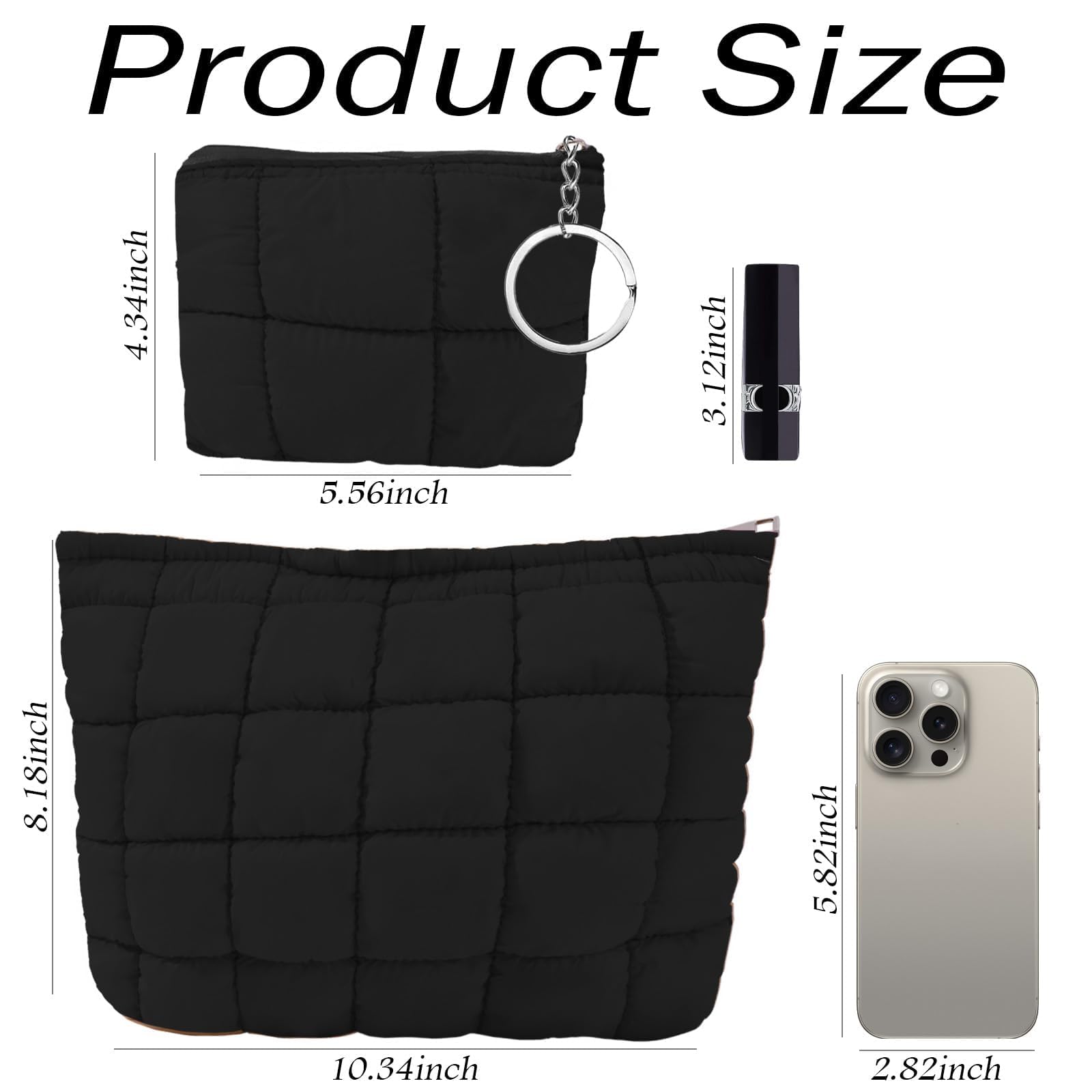 LYDZTION Quilted Makeup Bag Set of 2 - Cute Checkered Cosmetic Organizer for Women & Girls, Travel Toiletry Pouch with Zipper for Skincare & Makeup | Perfect for Travel, Gym, and Daily Use (Black)