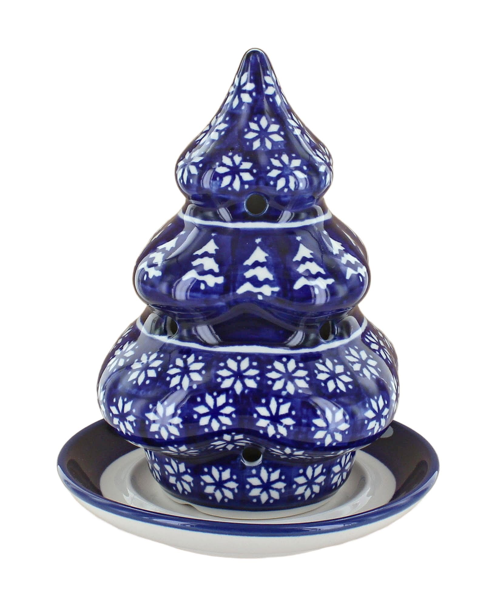 Blue Rose Polish Pottery Christmas Tree Luminary - Handcrafted Winter Nights Ceramic Candle Holder for Holiday Decor, Table Centerpiece & Cozy Home Ambiance