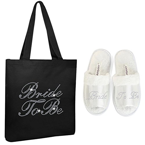 Varsany Black Crystal Open Toe Spa Slippers & Tote Bag Set - Elegant Wedding Bridal Shower Gift for Bride, Bachelorette Party Favors - Perfect for Spa Day, Honeymoon & Relaxation at Home