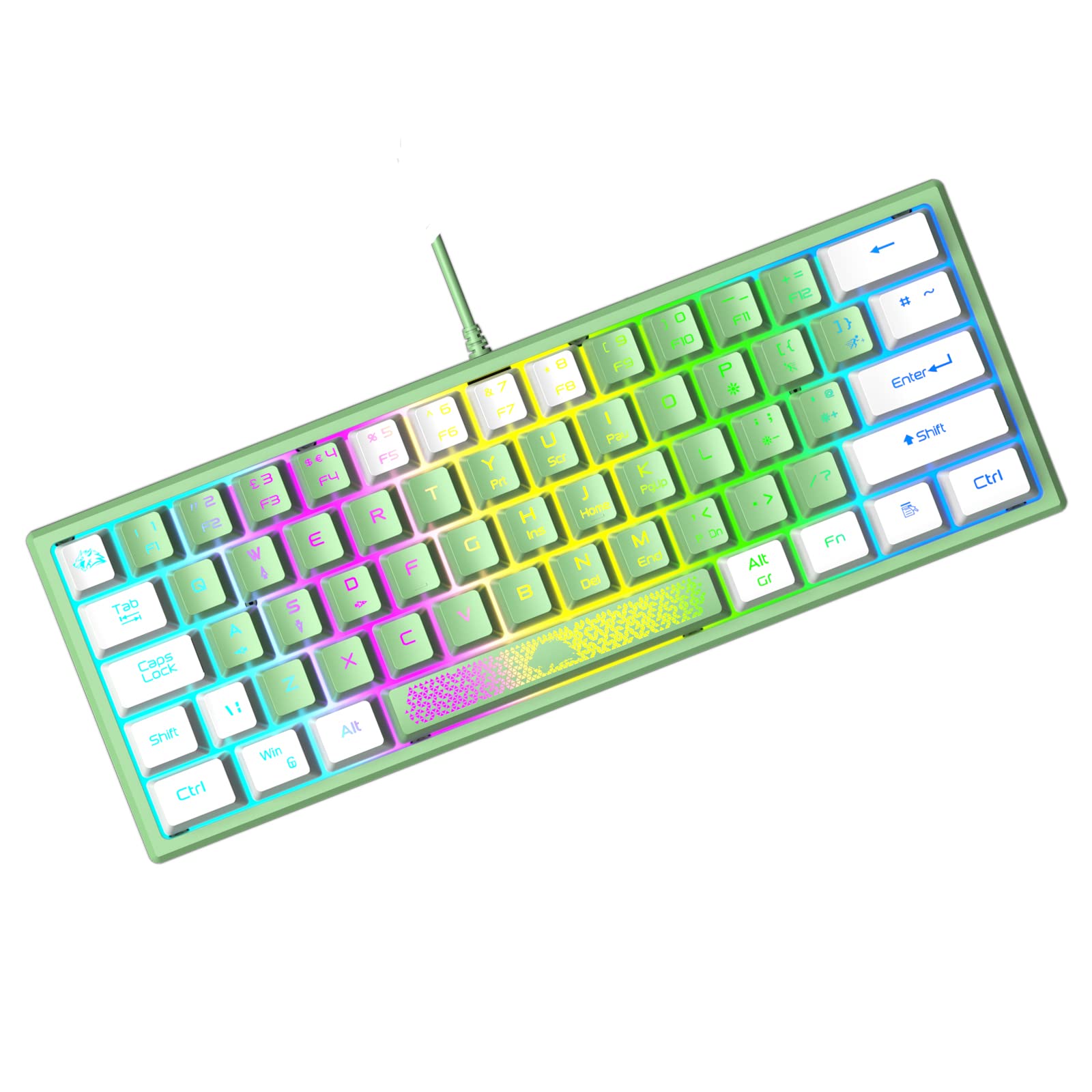 ZIYOU LANG K61 60% Compact Mechanical Gaming Keyboard - RGB Rainbow Backlit, 62-Key Ergonomic Design, Anti-Ghosting, Waterproof Wired for PC/Mac/Windows - Perfect for Gamers, Typists & Office Work (Green & White)