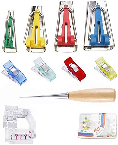 6mm/12mm/18mm/25mm 4-Size Bias Tape Maker Set with Binder Foot - Complete Sewing Kit for Quilting, Binding & DIY Fabric Projects - Includes Sewing Clips & Pins for Easy Fabric Edge Finishing