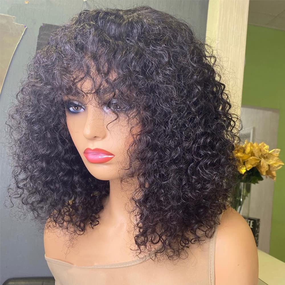 100% Brazilian Human Hair Wig with Bangs - 16 Inch Loose Curly Wig 180 Density for Black Women | O Scalp Top Full Machine Made | Natural Color | Perfect for Daily Wear, Parties & Special Occasions