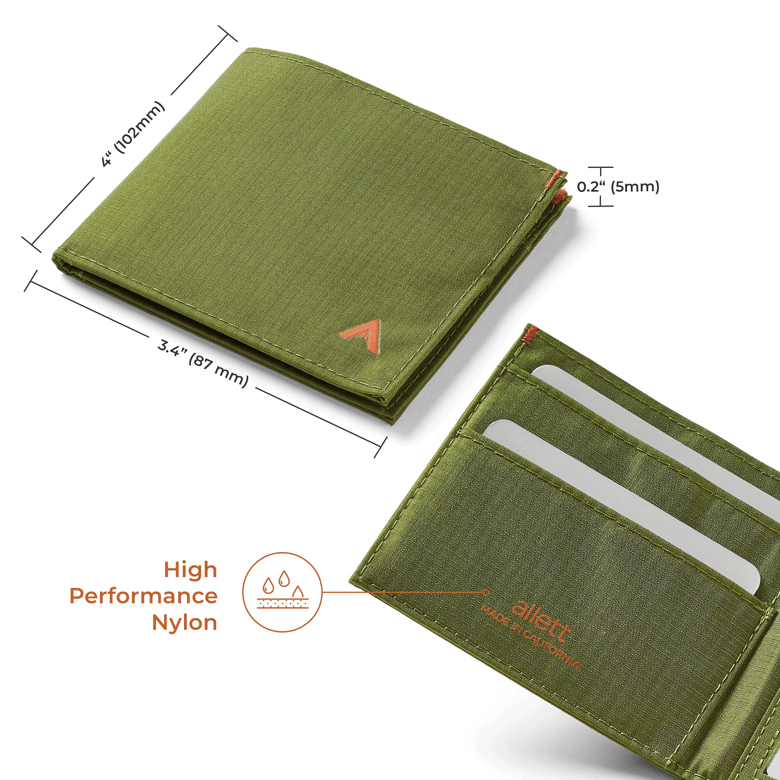 Allett ID Wallet & Pen Set - Slim RFID Blocking Bifold Wallet with Stainless Steel Pen | Cala Green Nylon | Water Resistant & Durable | Holds 4-12+ Cards & Cash | Perfect for Travel, Business & Everyday Use