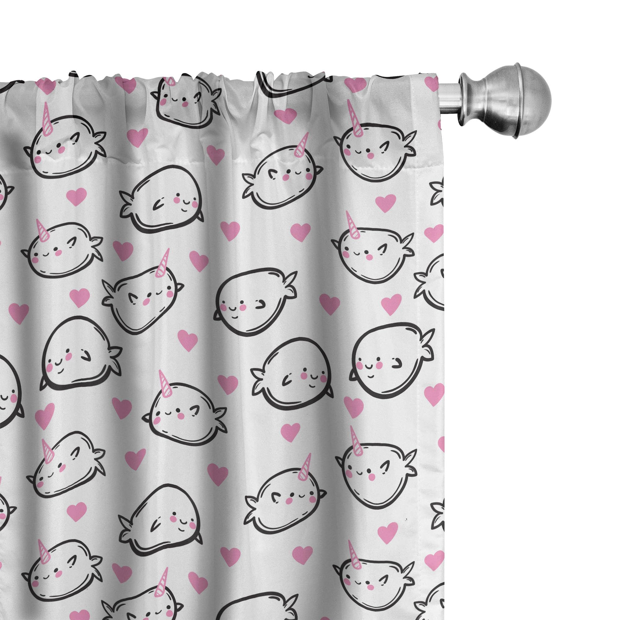 Ambesonne Narwhal Cartoon Curtains - Pink Black White Whale Ocean Mammal Doodle Print, 28