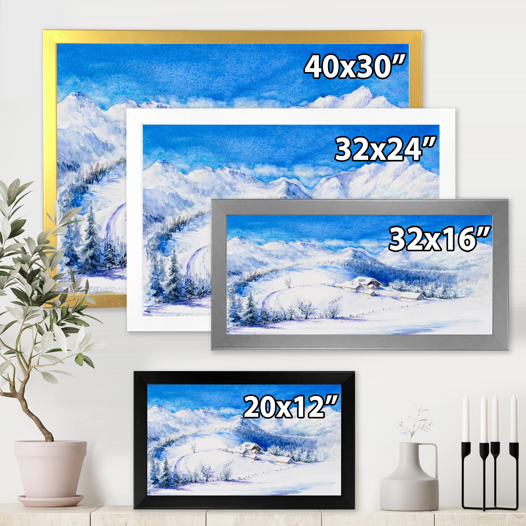 Winter Mountain Landscape With Wooden House - Traditional Framed Wall Art Decor for Living Room, Bedroom & Office - Cozy Cabin Scene Painting for Home & Gifts