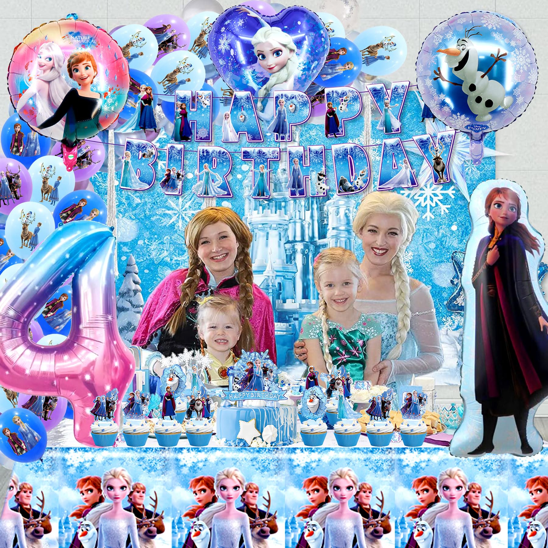 Frozen Birthday Balloon Kit for Girls - 4th Birthday Party Decorations with 3D Aluminum Balloons, Cake Toppers & Elsa Themed Supplies | Perfect for Frozen Themed Parties, Princess Celebrations & Disney-Inspired Decor