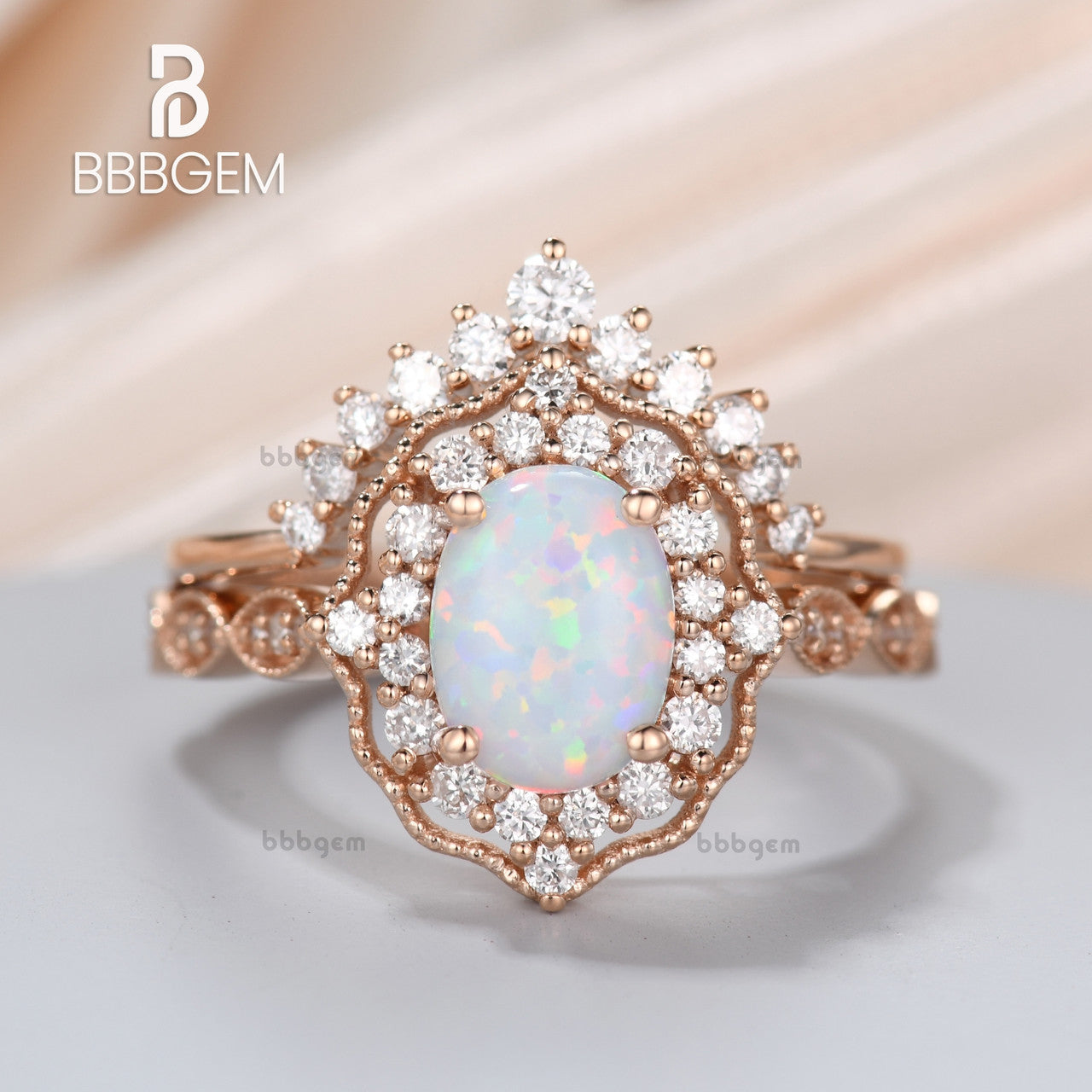 Vintage Opal Ring Set 14k Rose Gold Engagement Wedding Ring Stacking Half Eternity Diamond Matching Band for Women - Perfect for Bridal Jewelry, Anniversary Gifts & Special Occasions