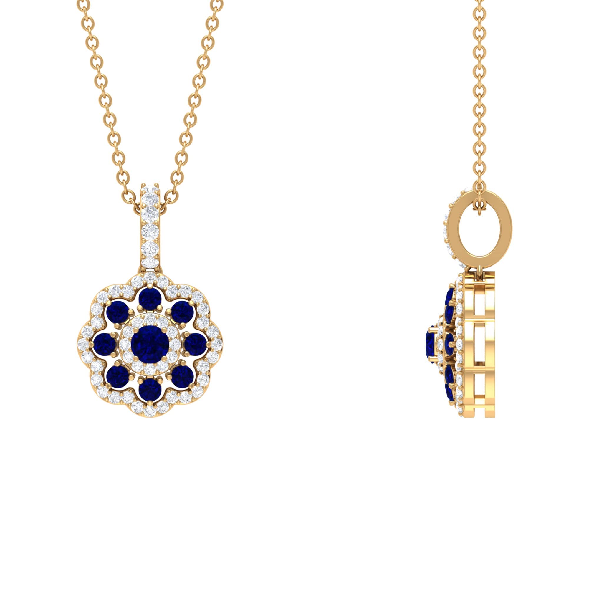 3/4 CT Blue Sapphire and Moissanite Pendant Necklace for Women - 14K Solid Gold Flower Jewelry - Perfect for Weddings, Anniversaries & Special Occasions