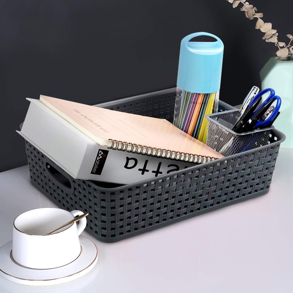 Idotry 4-Pack Plastic Paper Storage Baskets - Gray Organizer Bins for Office, Home & Classroom Organization