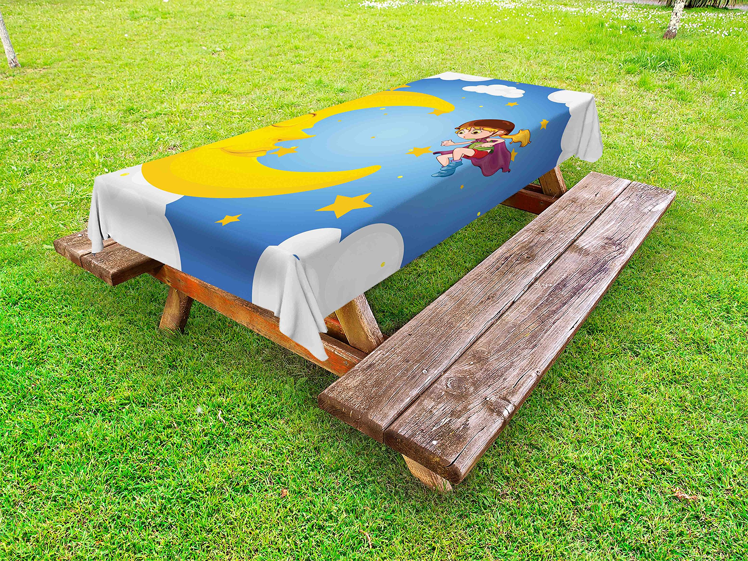 Ambesonne Superhero Theme Outdoor Tablecloth - Cartoon Girl with Cape Under Crescent Moon, Washable Picnic Table Cover 58x120 Inches, Multicolor for Camping, Backyard BBQs & Birthday Parties