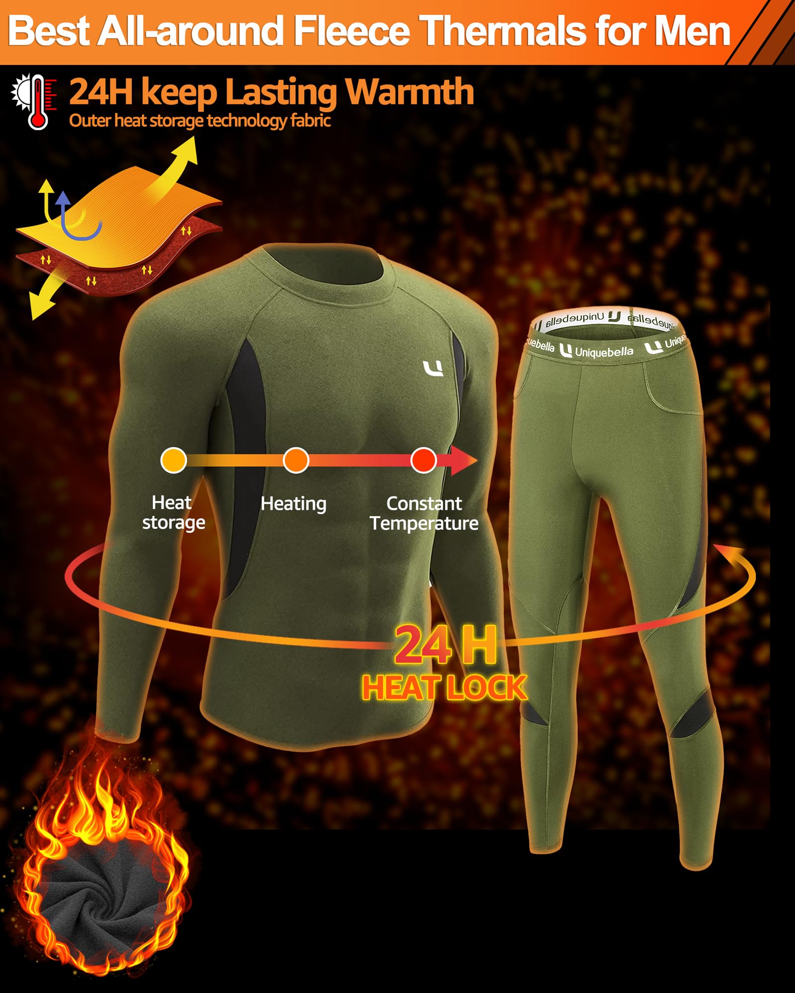UNIQUEBELLA Men's Thermal Underwear Set - Fleece Lined Top & Bottom Base Layer for Cold Weather - Quick Dry, Moisture Wicking Winter Underwear for Skiing, Hiking & Outdoor Activities