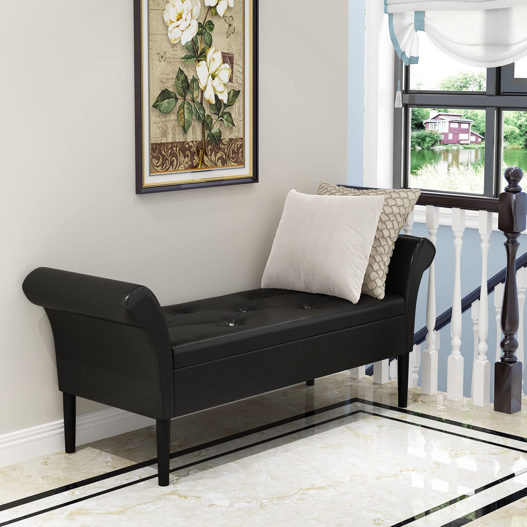 Awonde Black Faux Leather Storage Ottoman Bench with Arms - PU Upholstered Tufted Seat for Bedroom, Entryway & Living Room - Perfect for Extra Seating & Hidden Storage