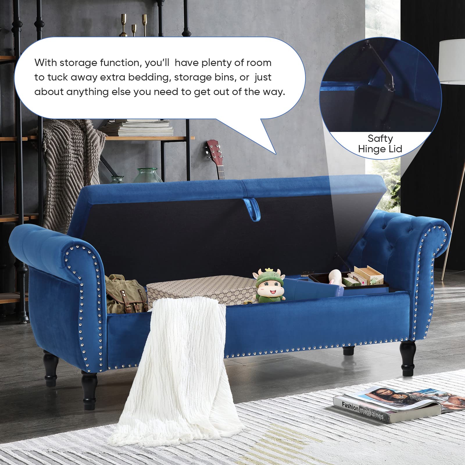 Mid Century Velvet Storage Ottoman Bench with Tufted Upholstery & Toss Pillow - Small Foot of Bed Bench for Bedroom, Entryway, Hallway & Living Room - Perfect for Extra Seating & Hidden Storage (Blue)