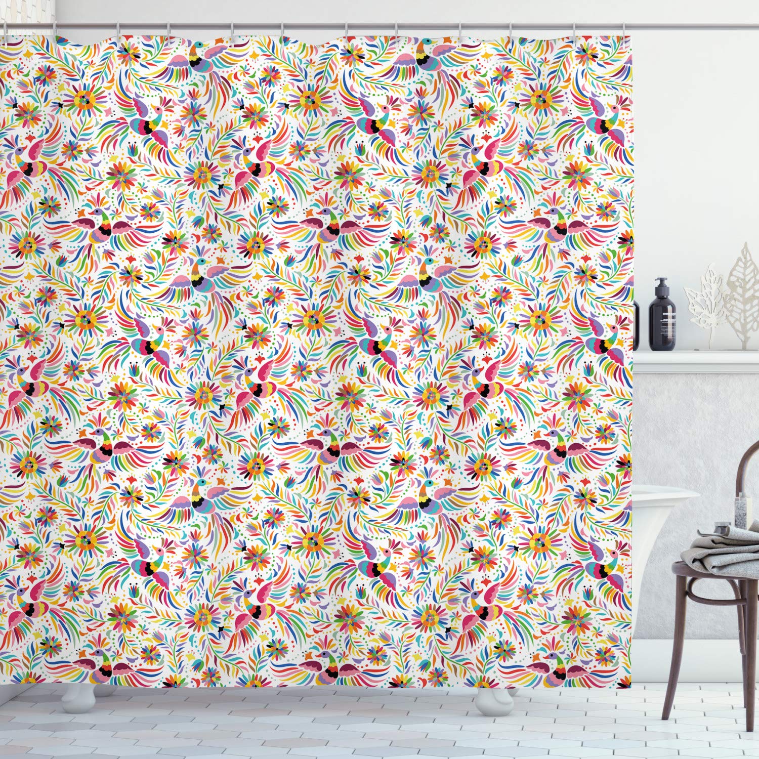 Ambesonne Mexican Shower Curtain - Colorful Nature Inspired Design with Birds, Flowers, Leaves & Dots - 69x75 Inch Fabric Bathroom Decor Set with Hooks - Perfect for Boho, Tropical & Vintage Style Bathrooms
