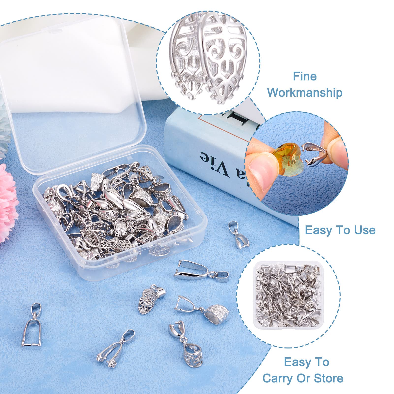 Beadthoven 42pcs 7 Styles Brass Ice Pick Pinch Bail Clasps - Platinum Plated Jewelry Findings for DIY Necklace & Bracelet Making - Perfect for Pendants, Charms & Dangle Connectors - Ideal for Crafters & Jewelry Designers